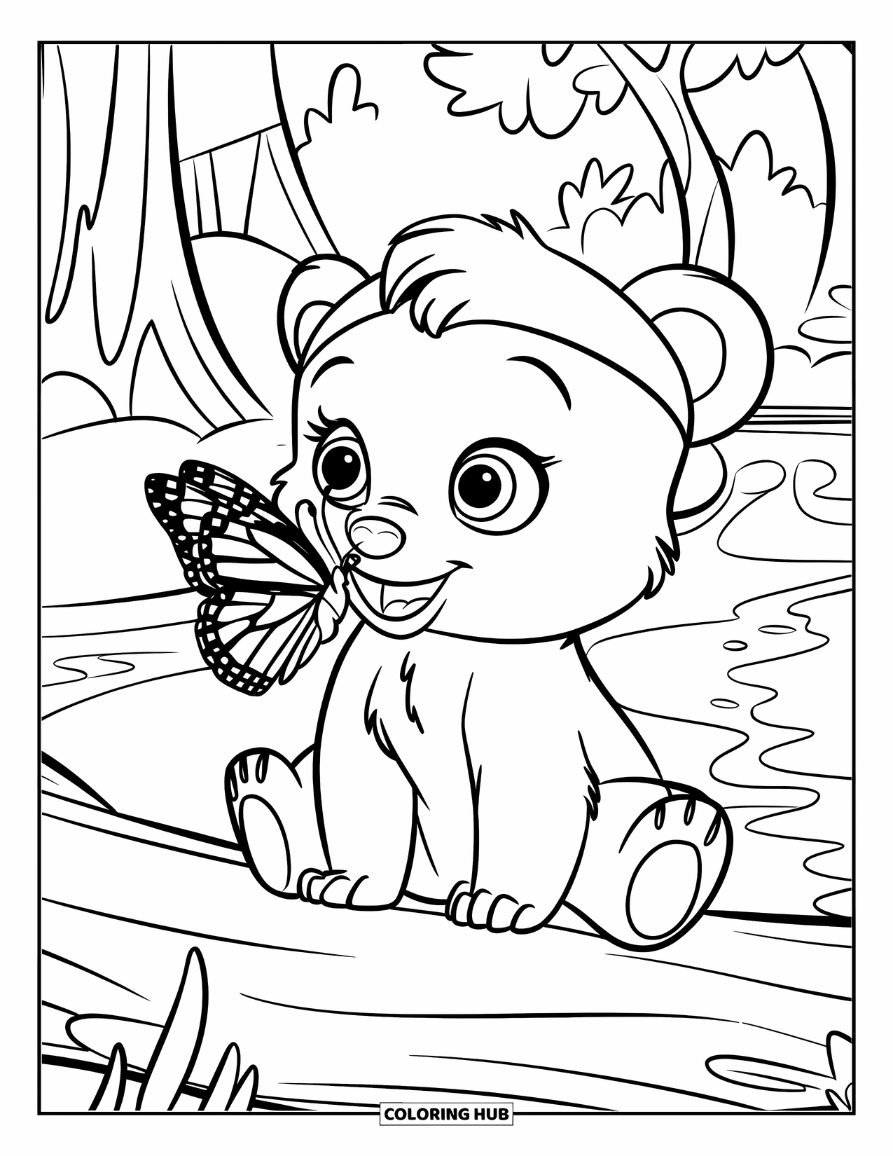 Baby Bear Coloring Page for Kids: A baby bear in a hat sits on a log with a butterfly nearby