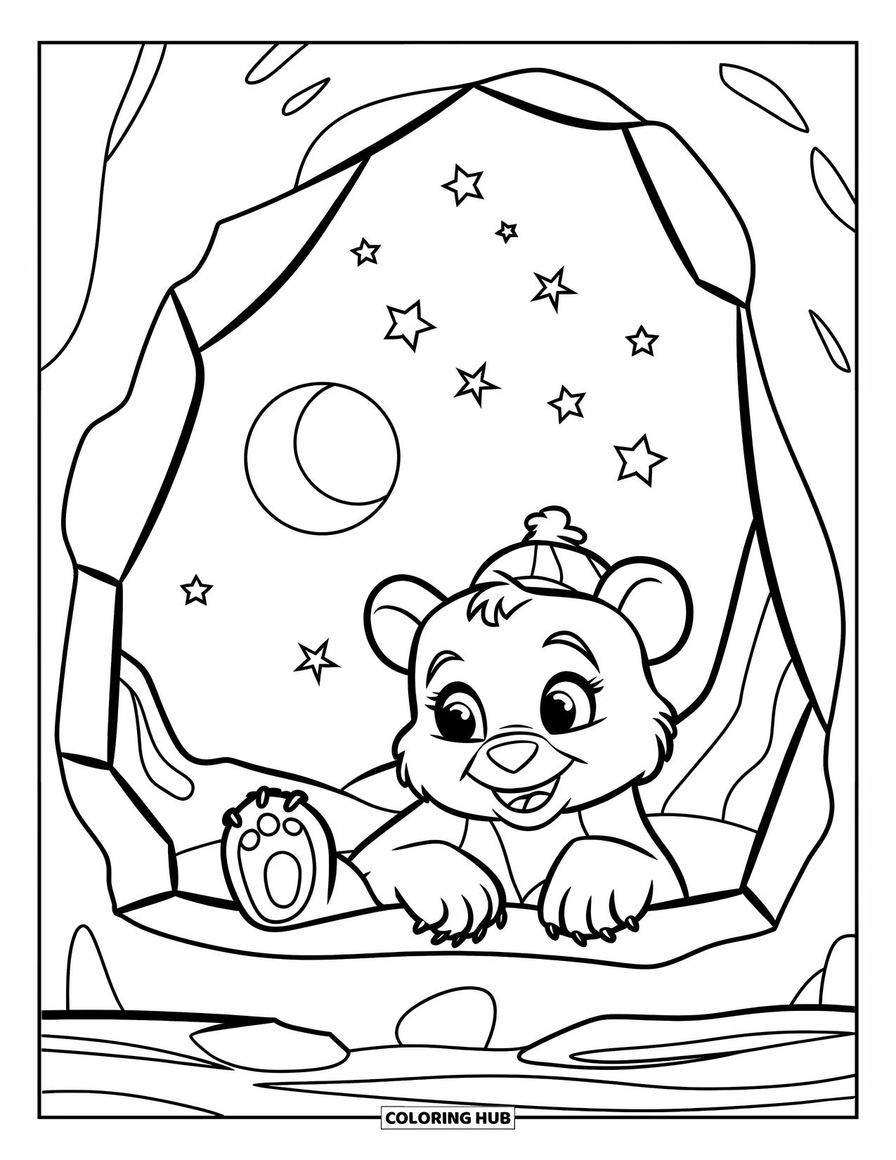 Baby Bear Coloring Page for Kids: A baby bear in a hat stargazes from the entrance of a rocky den