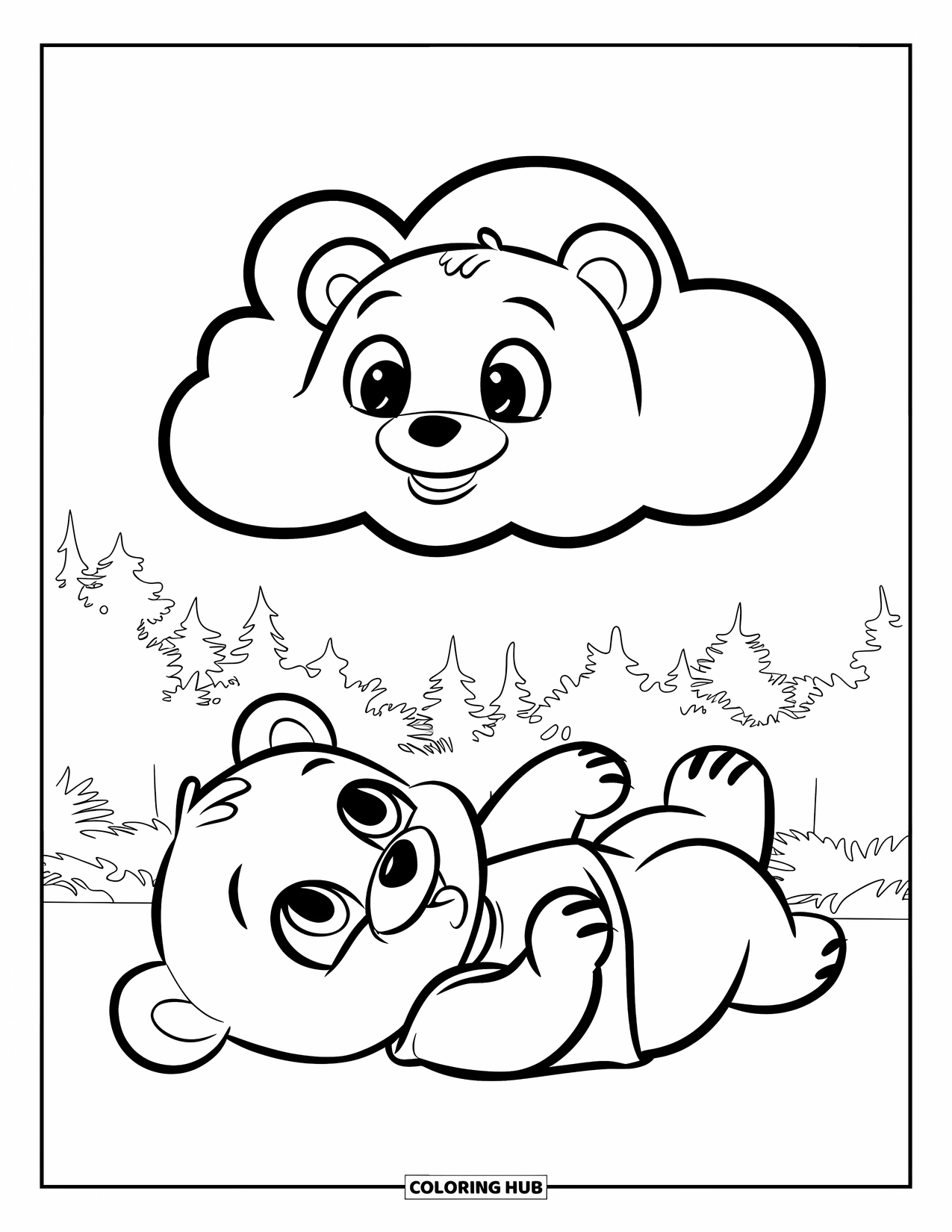 Baby Bear Coloring Page for Kids: A baby bear in a shirt lies on its back gazing at a smiling cloud