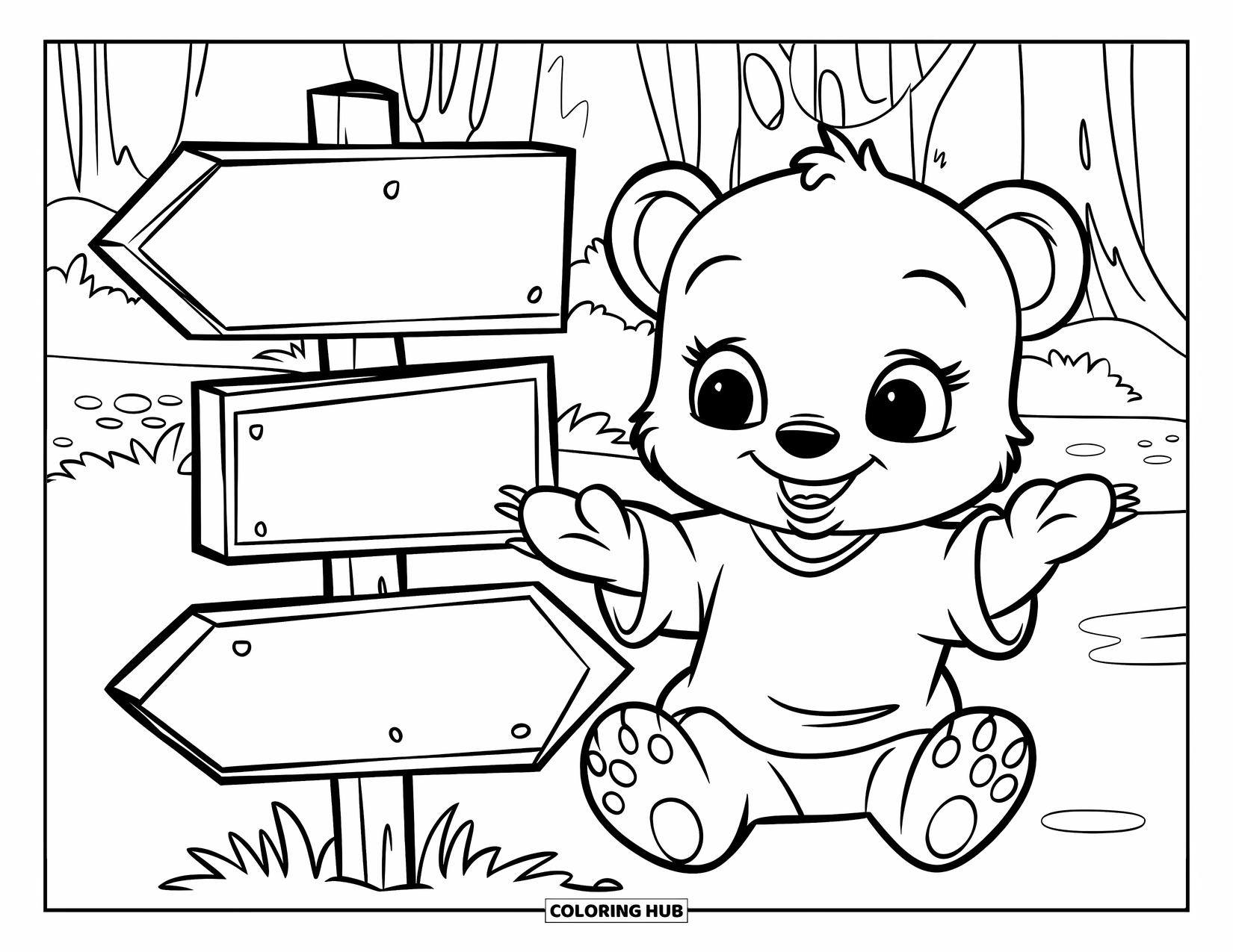 Baby Bear Coloring Page for Kids: A baby bear in a shirt sits beside a wooden signpost with arrows