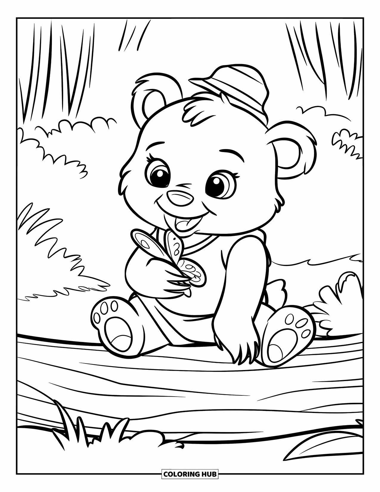 Baby Bear Coloring Page for Kids: A baby bear in an outfit and hat sits on a log with a butterfly