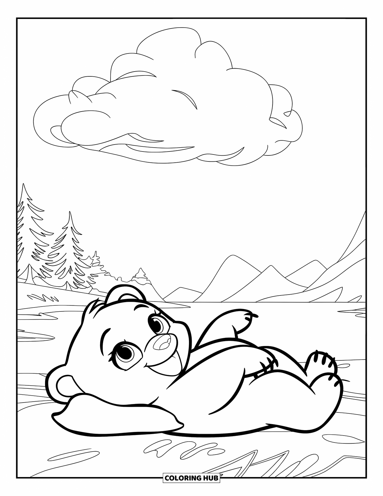 Baby Bear Coloring Page for Kids: A baby bear lies on its back watching a cloud in a calm forest
