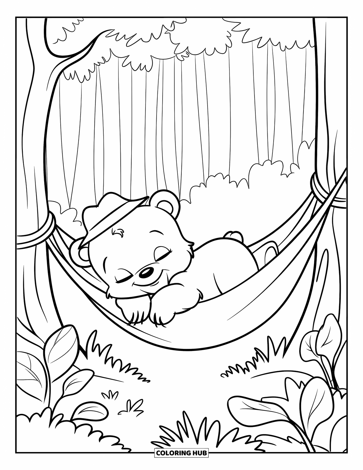 Baby Bear Coloring Page for Kids: A baby bear naps in a hammock between trees under leafy forest branches
