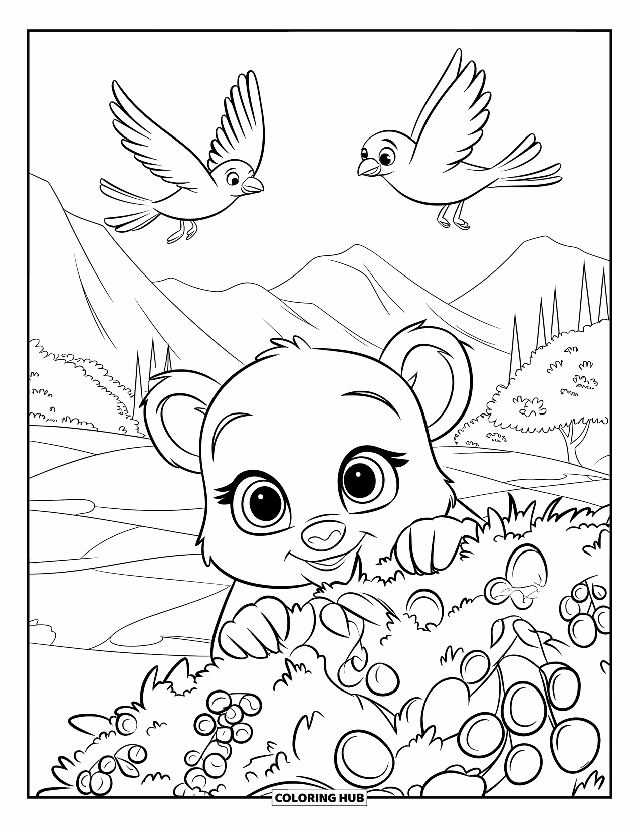 Baby Bear Coloring Page for Kids: A baby bear peeks from a berry bush while birds fly overhead