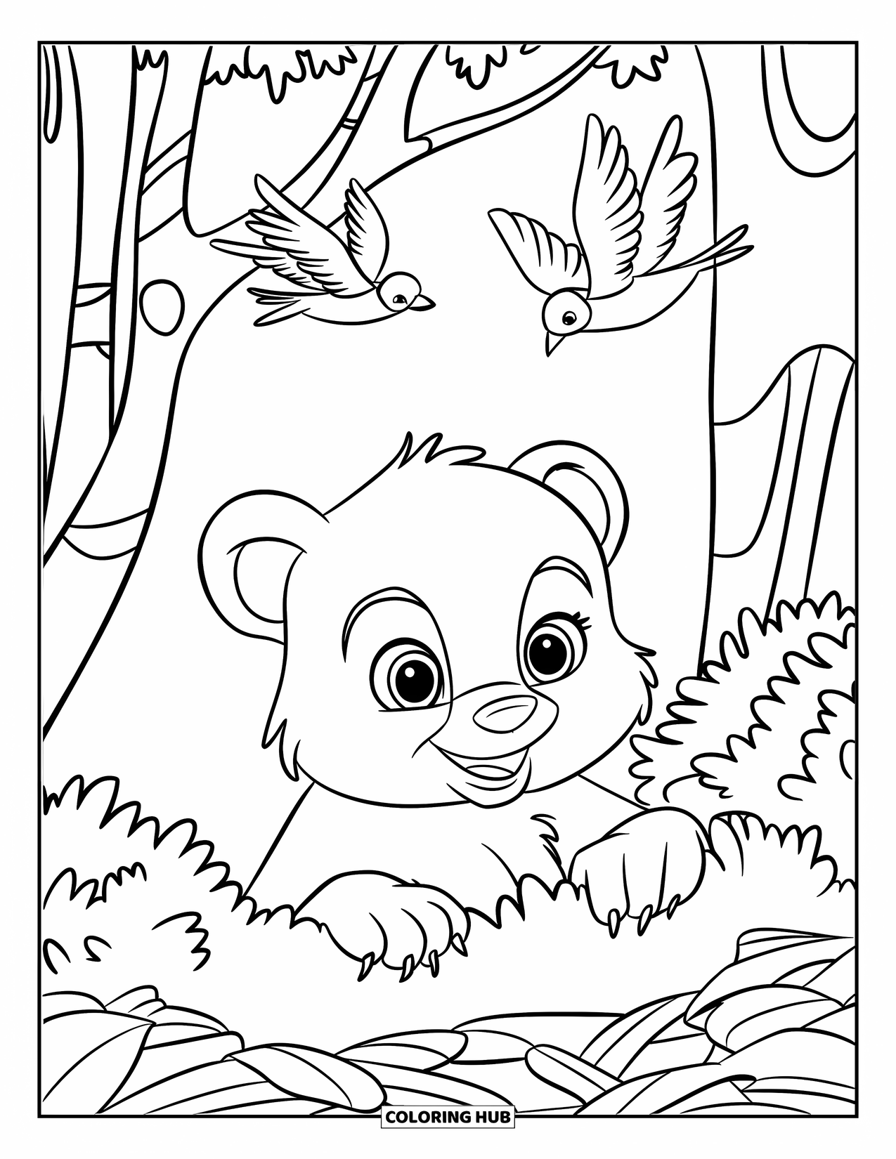 Baby Bear Coloring Page for Kids: A baby bear peeks from a bush as birds fly above
