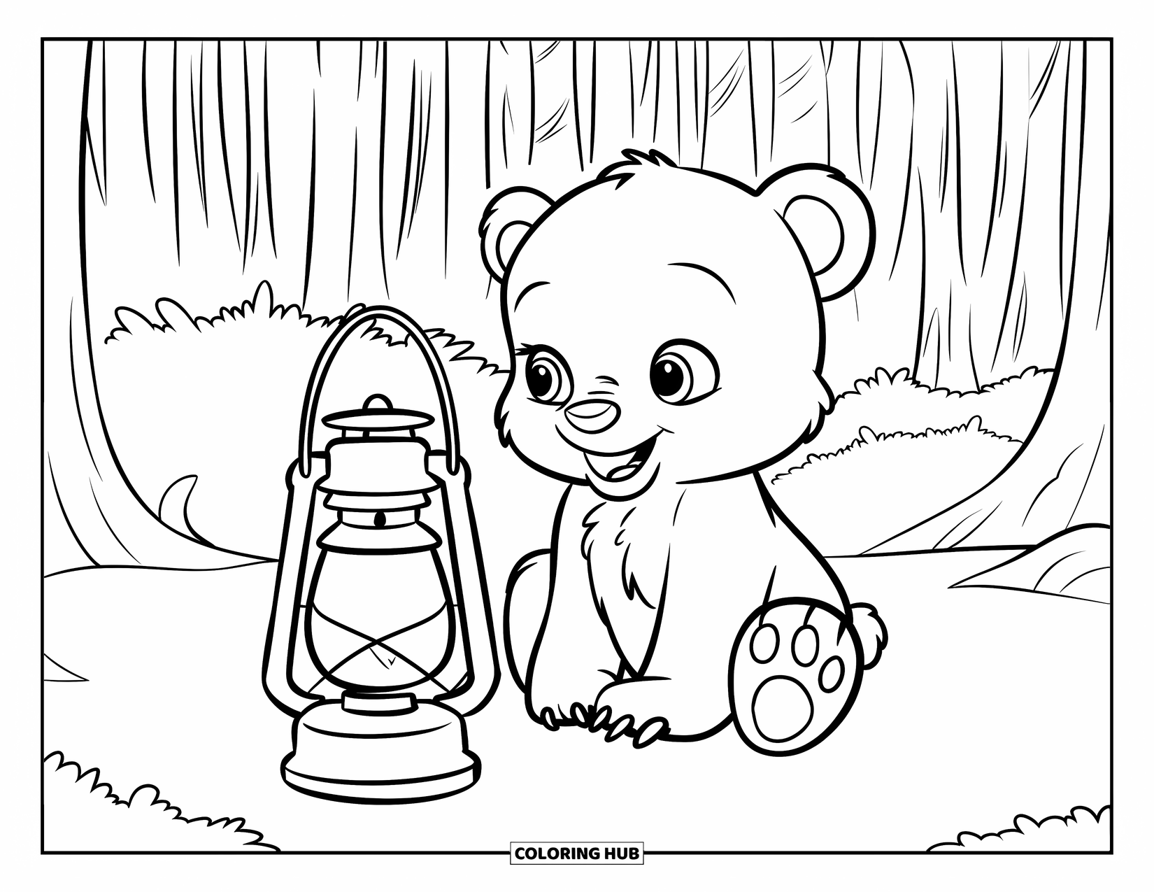 Baby Bear Coloring Page for Kids: A baby bear sits by a glowing lantern in a forest clearing
