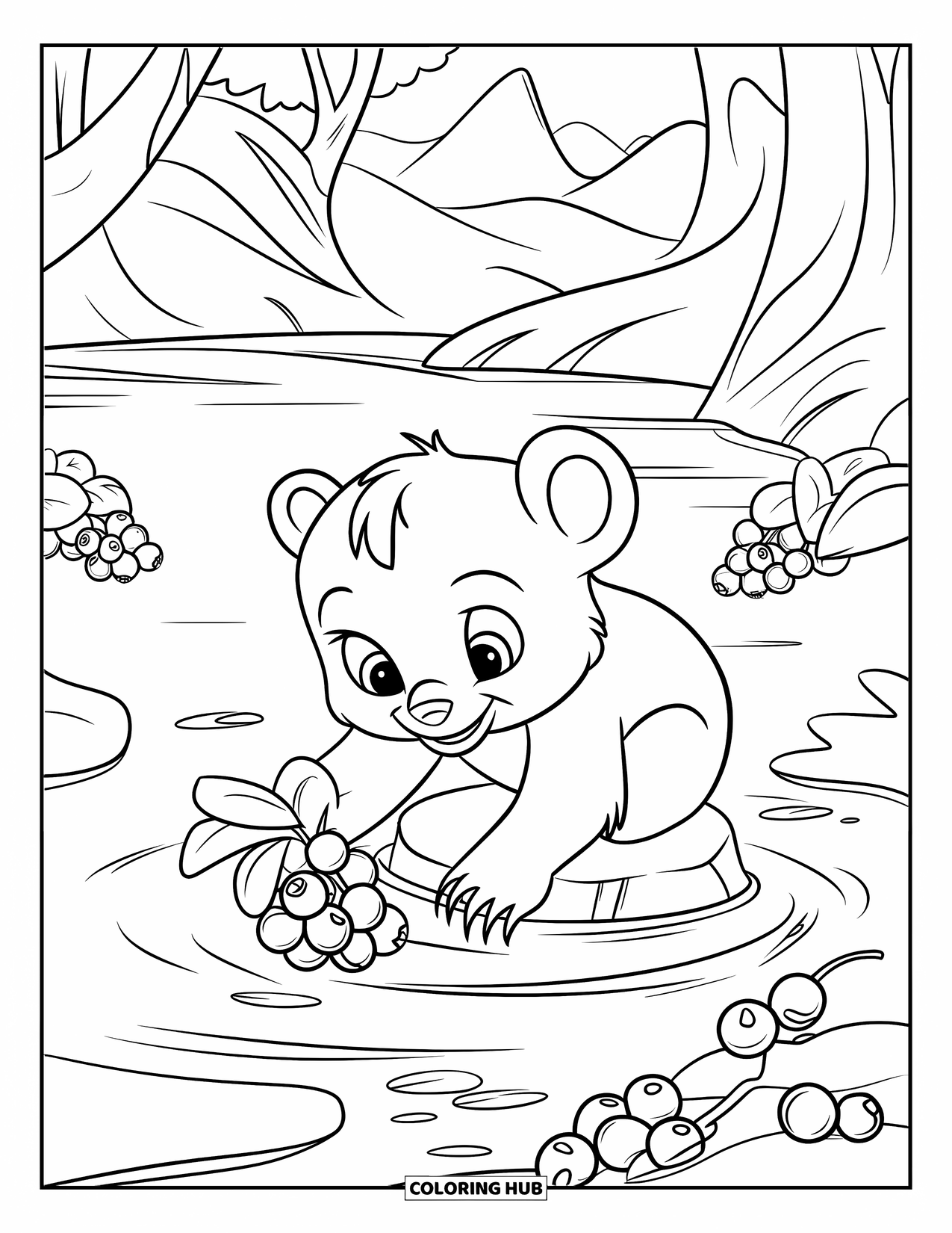 Baby Bear Coloring Page for Kids: A baby bear sits on a rock picking berries beside a rippling stream