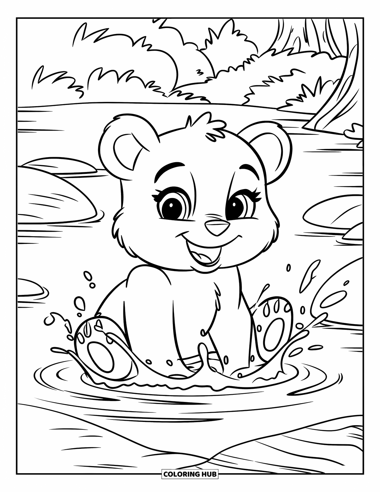Baby Bear Coloring Page for Kids: A baby bear splashes water with its paws while sitting in a forest creek