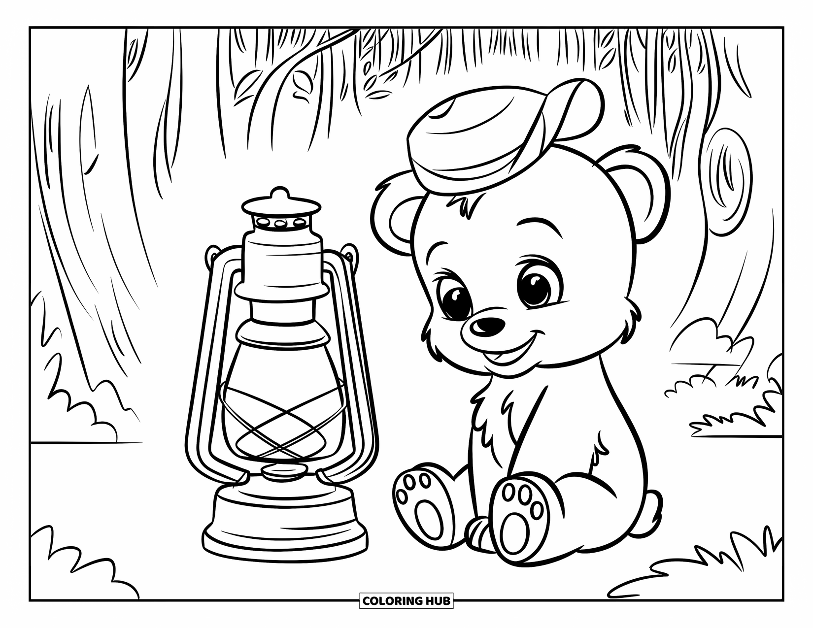 Baby Bear Coloring Page for Kids: A baby bear with a tiny hat sits by a lantern among tall trees
