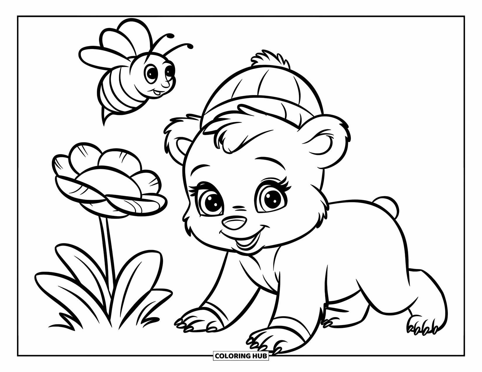 Baby Bear Coloring Page for Kids: A baby bear with round eyes crawls near a flower as a bee hovers