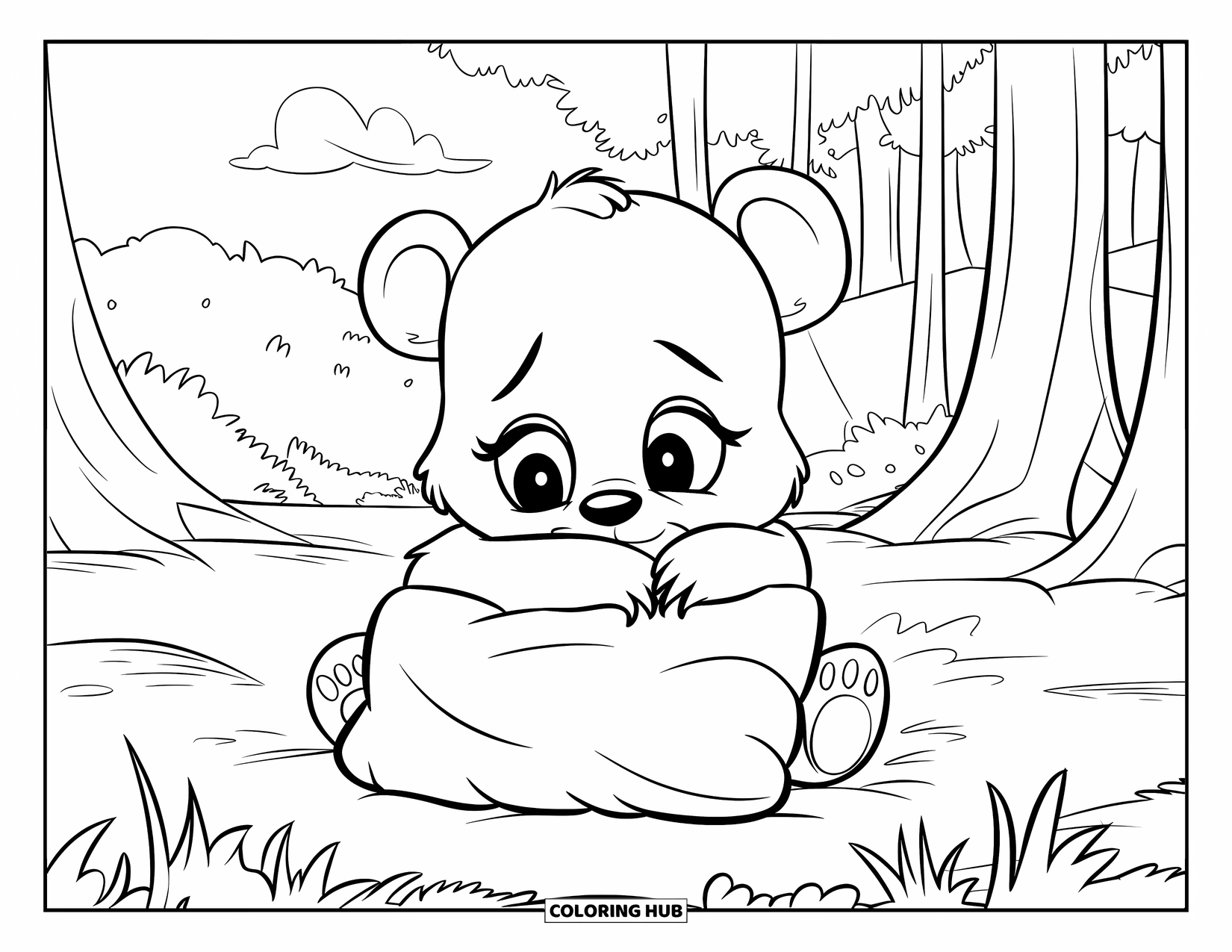 Baby Bear Coloring Page for Kids: A baby bear with sad eyes hugs a pillow in a mossy clearing
