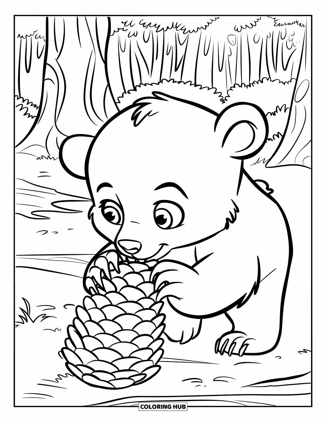 Baby Bear Coloring Page for Kids: A baby bear with wide eyes sniffs a pinecone under tall forest trees
