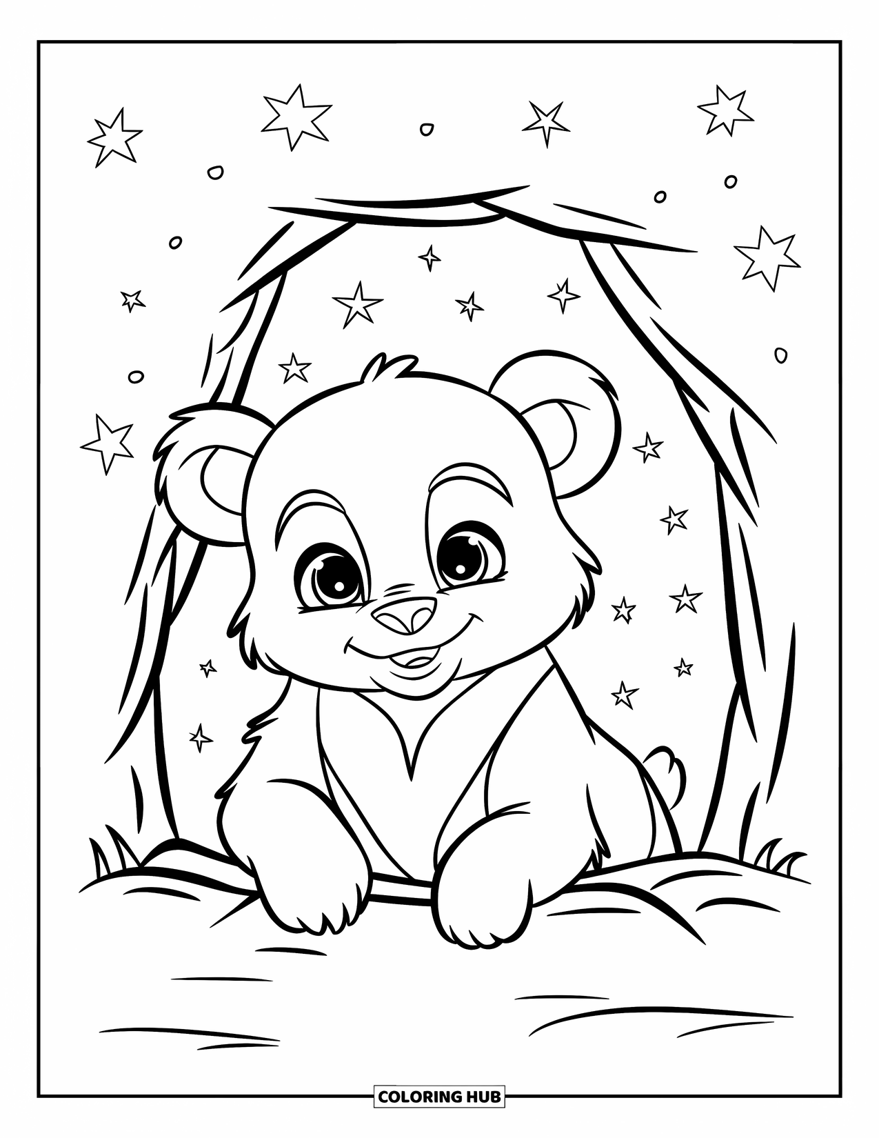 Baby Bear Coloring Page for Kids: A fluffy baby bear sits at a den opening beneath a starry night sky