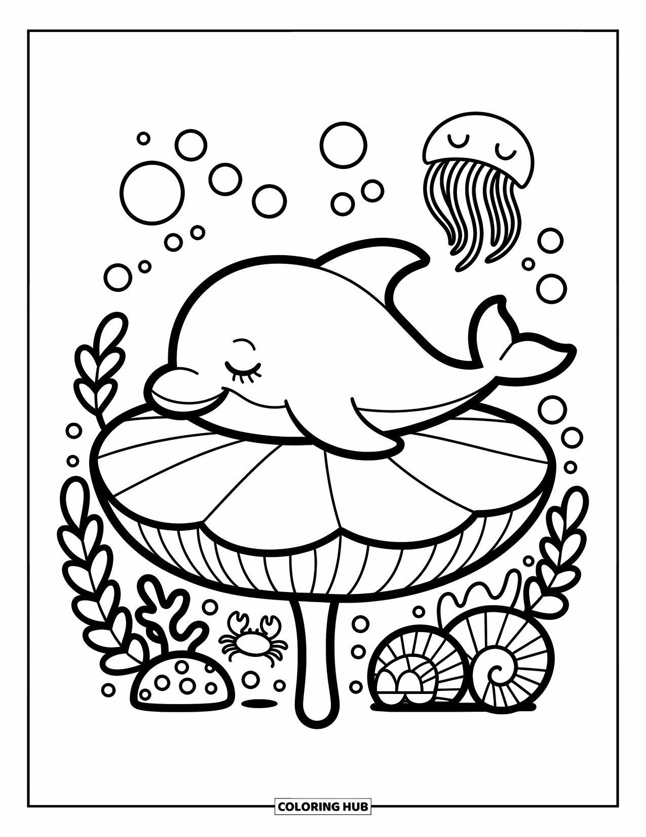 Baby Dolphin Coloring Page for Adults: A baby dolphin rests quietly on a round sea plant with bubbles and gentle ocean life