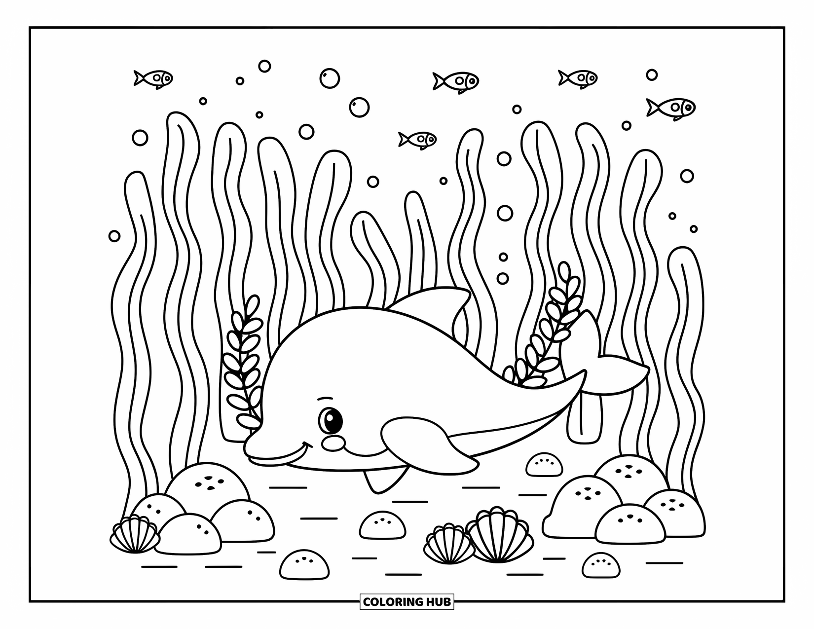 Baby Dolphin Coloring Page for Adults: A cute dolphin snuggles in kelp while fish swim above and shells sit below