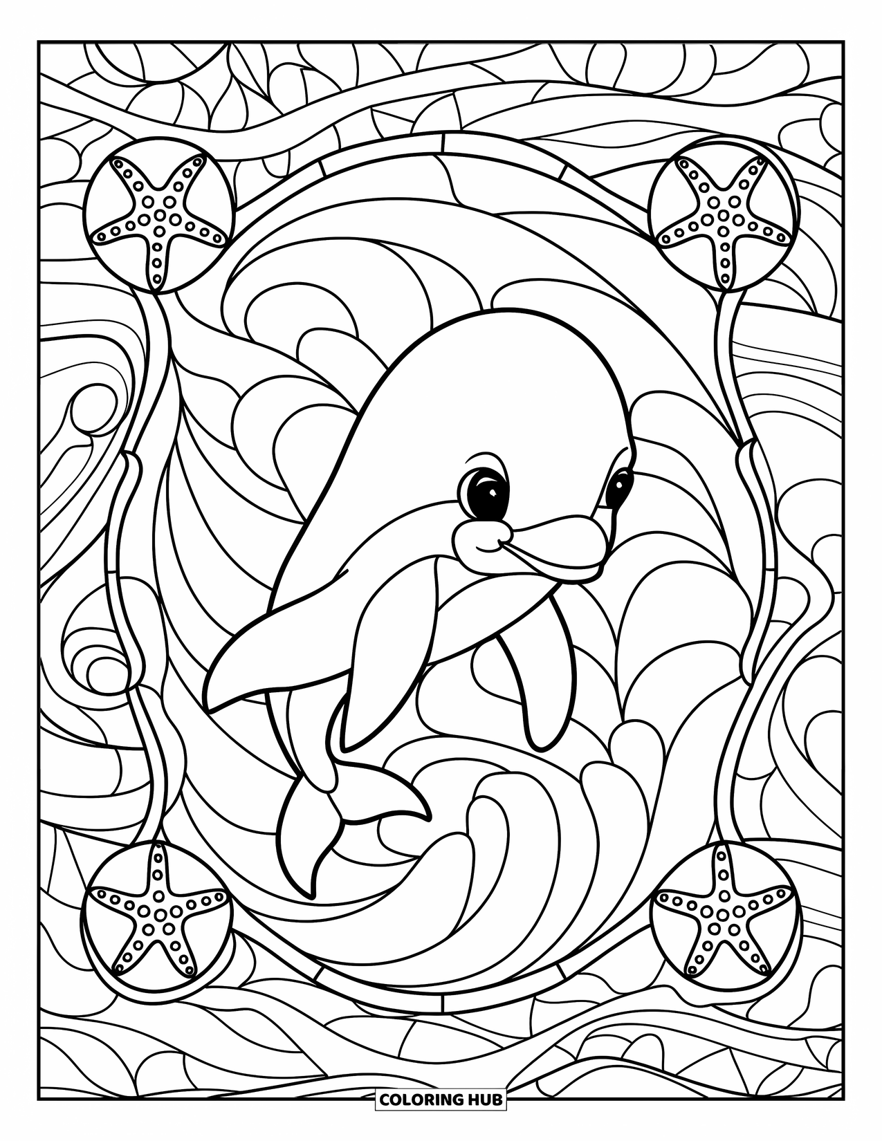 Baby Dolphin Coloring Page for Adults: A dolphin is framed by a stained glass panel of curved waves and starfish borders