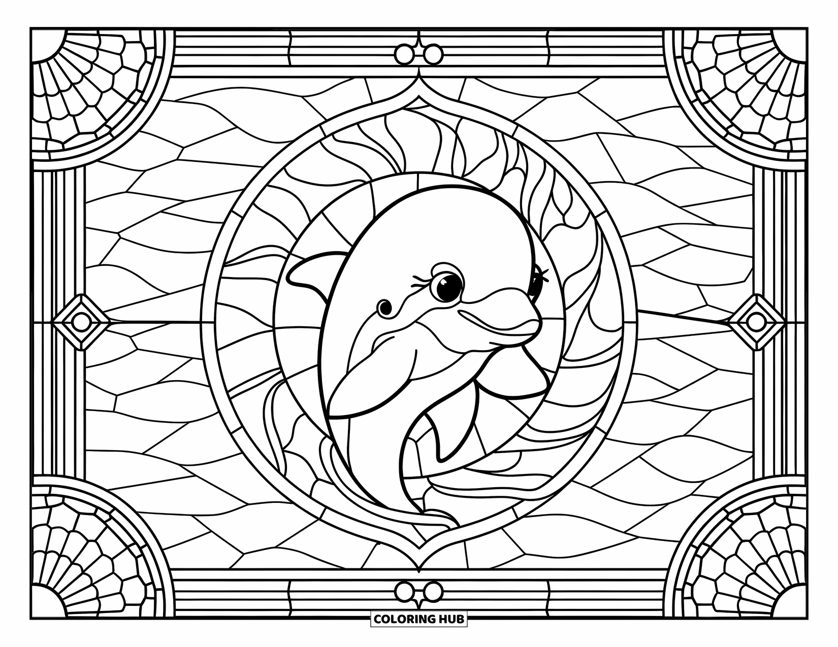 Baby Dolphin Coloring Page for Adults: A dolphin is framed by geometric ocean waves and seashell corners in stained glass style