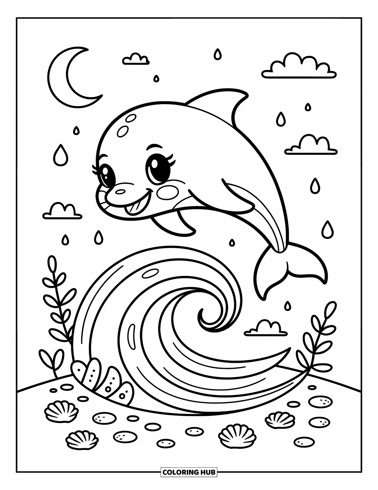 Baby Dolphin Coloring Page for Adults: A dolphin leaps through the air with sea plants below and a moonlit sky above