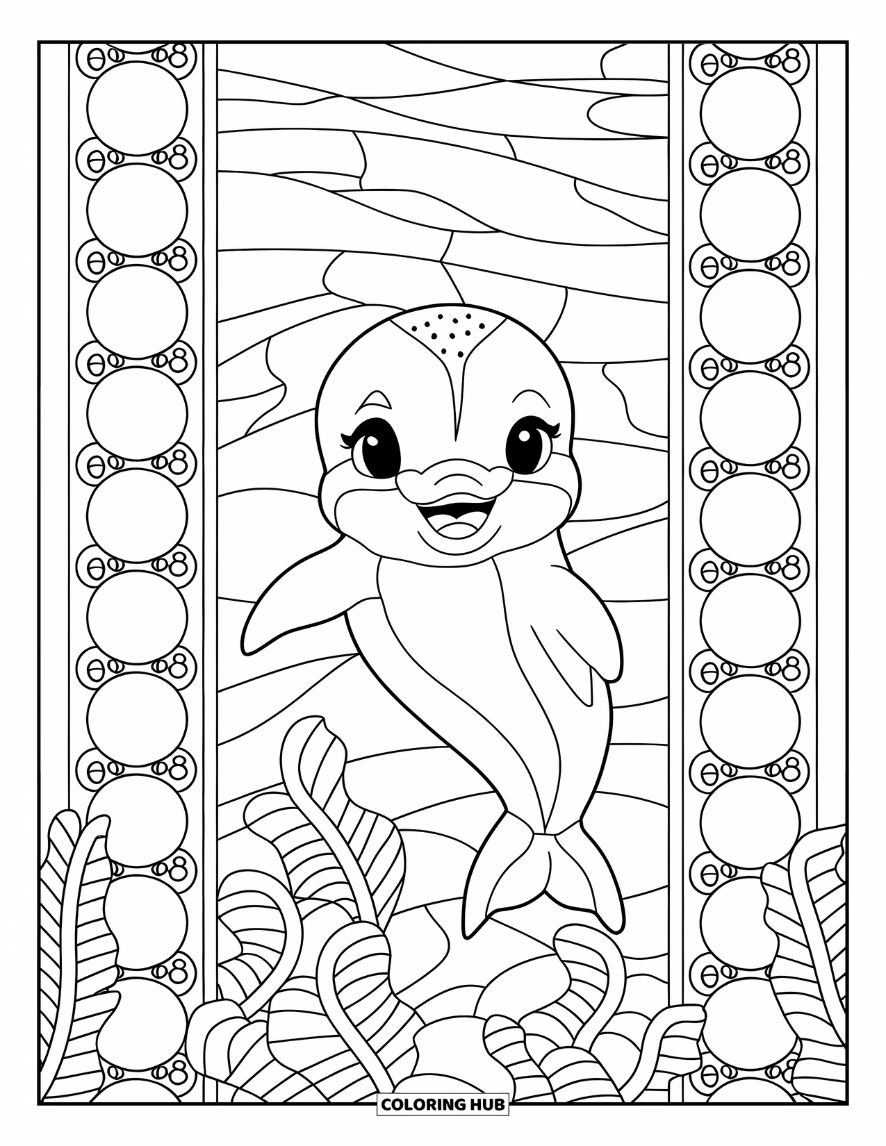 Baby Dolphin Coloring Page for Adults: A dolphin rests peacefully inside a vertical stained glass frame with ocean details