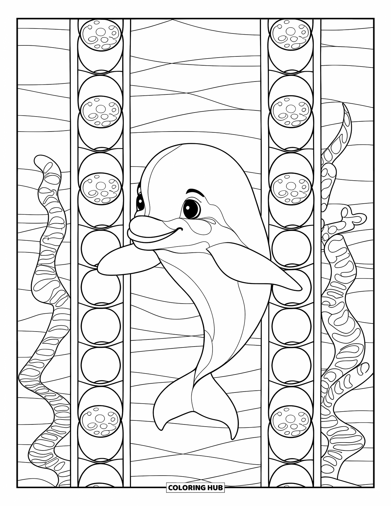 Baby Dolphin Coloring Page for Adults: A dolphin swims in a tall stained glass panel framed by waves and kelp spirals