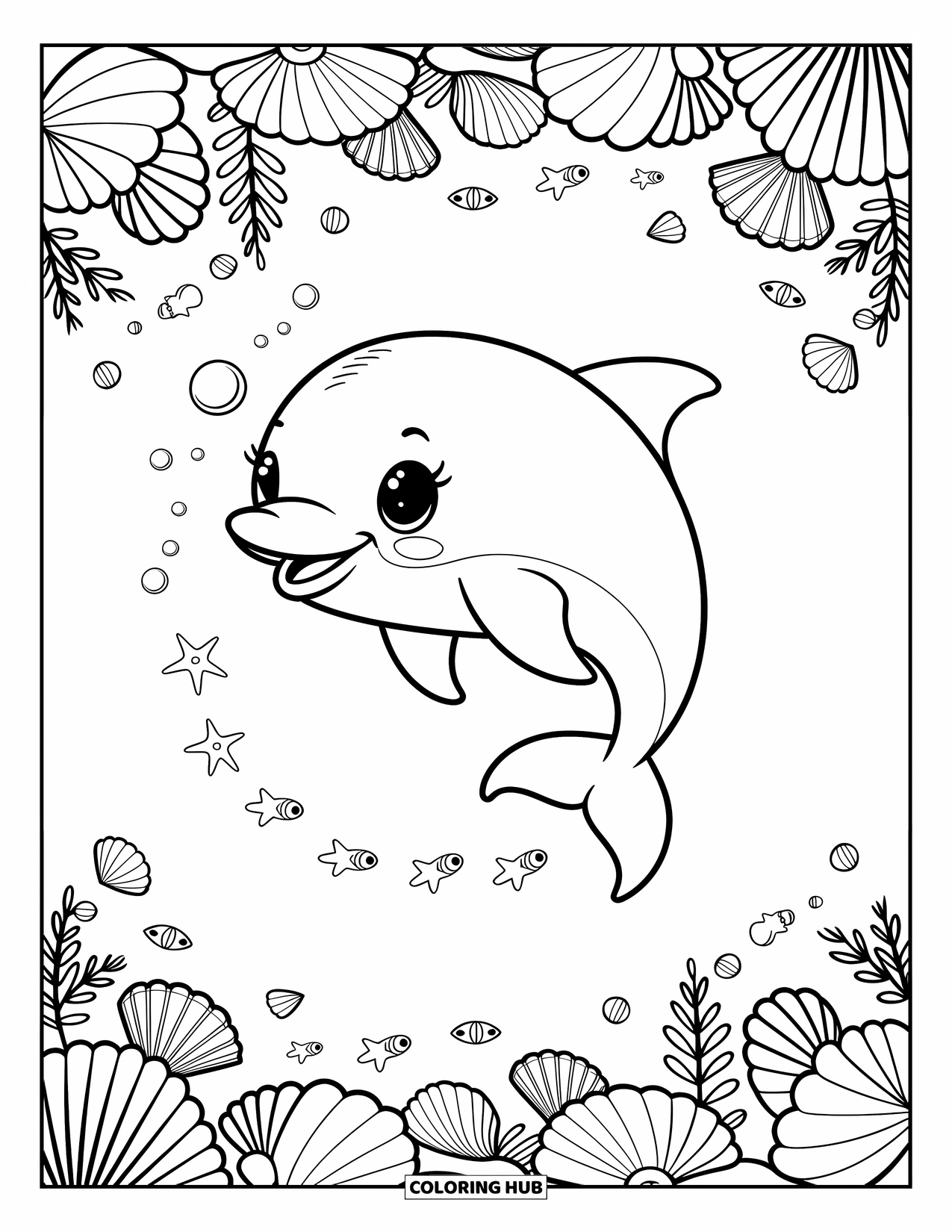 Baby Dolphin Coloring Page for Adults: A dolphin swims joyfully with bubbles, seashells, and seaweed forming a cozy underwater path