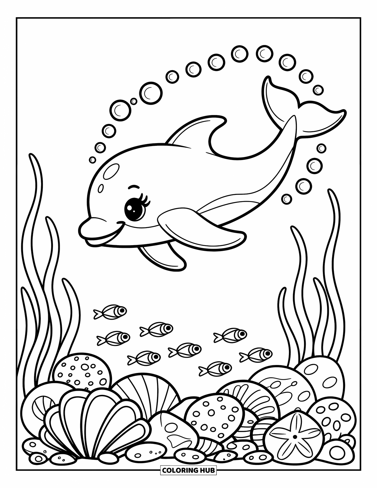 Baby Dolphin Coloring Page for Adults: Bubbles trail behind a swimming dolphin surrounded by pebbles, shells, and tiny sea creatures