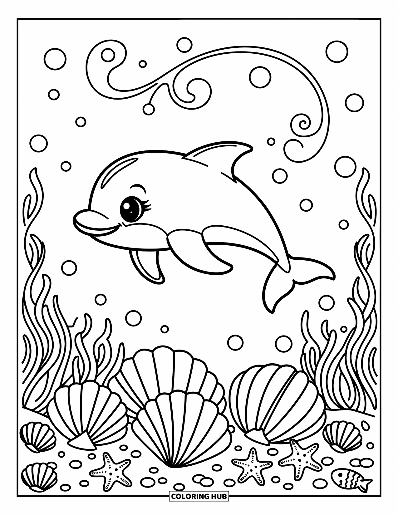 Baby Dolphin Coloring Page for Adults: The dolphin glides through bubbles while shells and seaweed create a cute ocean frame