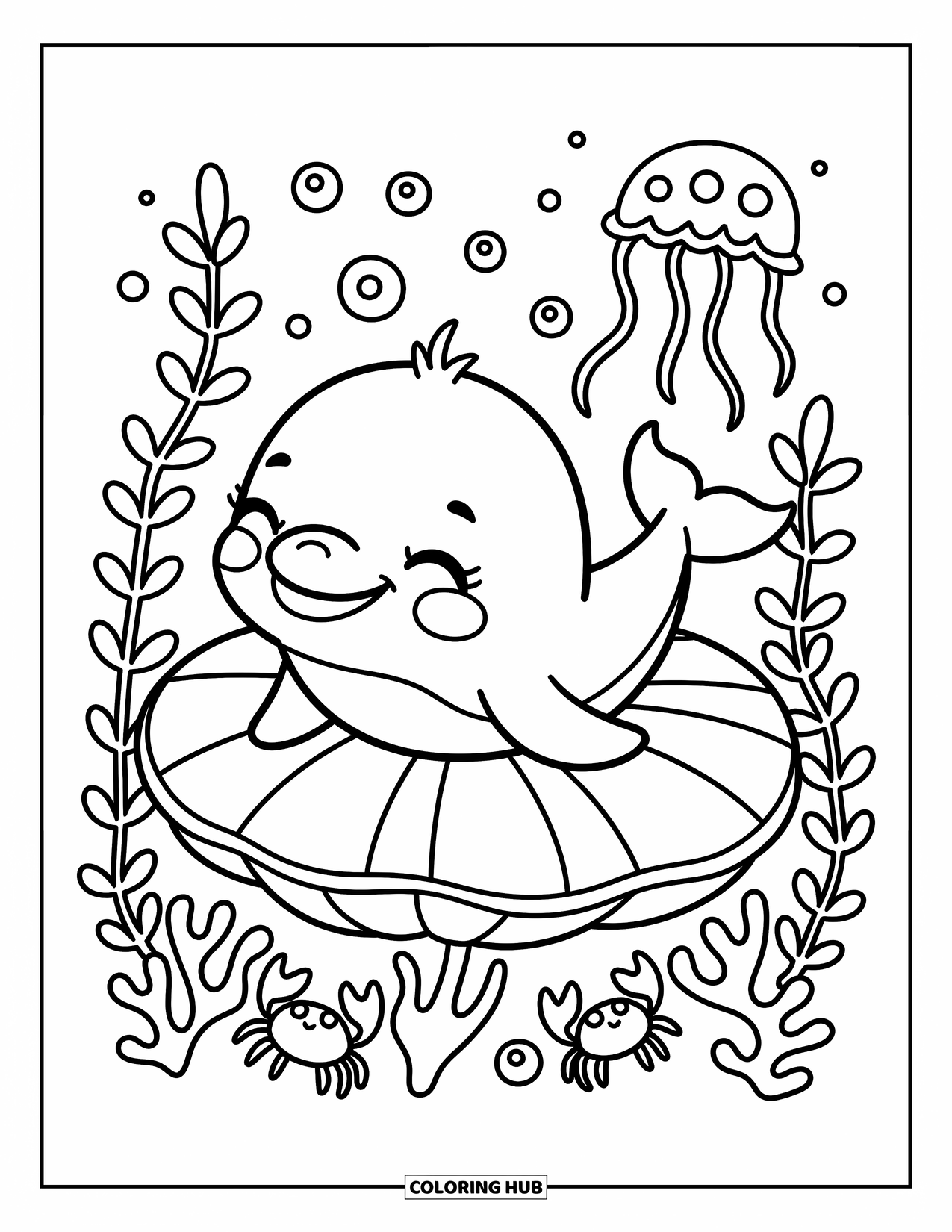 Baby Dolphin Coloring Page for Adults: The dolphin naps on a giant sea leaf with tiny crabs and floating jellyfish nearby
