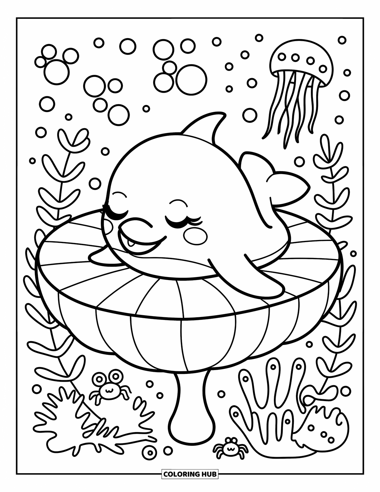 Baby Dolphin Coloring Page for Adults: The dolphin sleeps peacefully on a sea pad, surrounded by jellyfish and coral critters