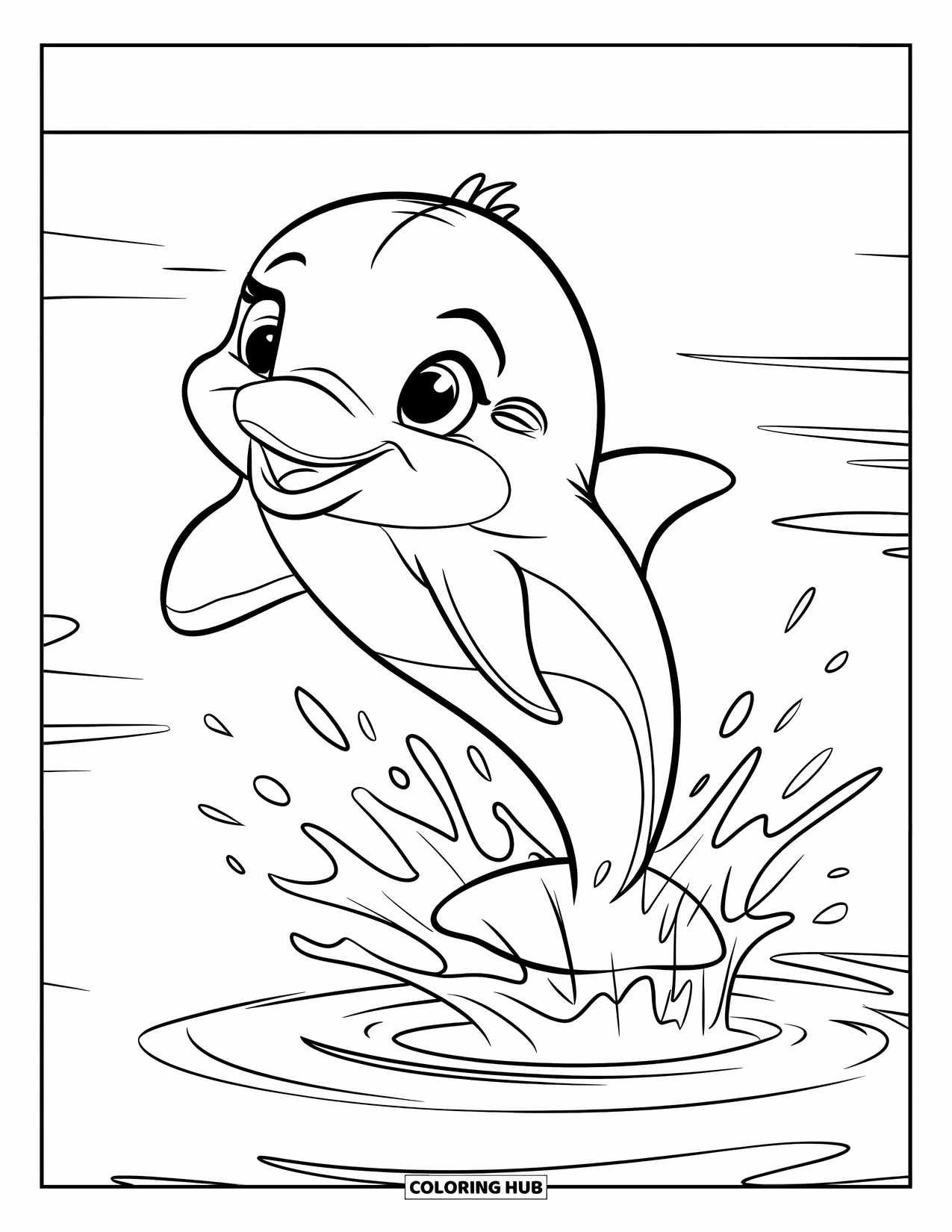 Baby Dolphin Coloring Page for Kids: A baby dolphin leaps from the water with a big splash