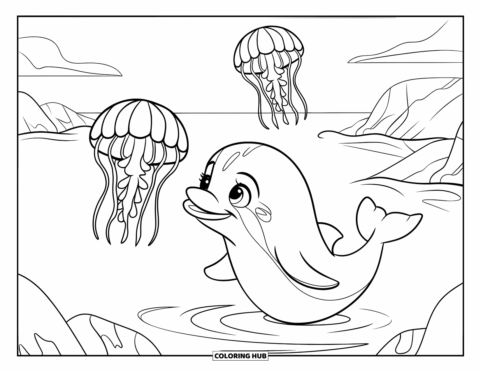 Baby Dolphin Coloring Page for Kids: A baby dolphin watches jellyfish floating gently above