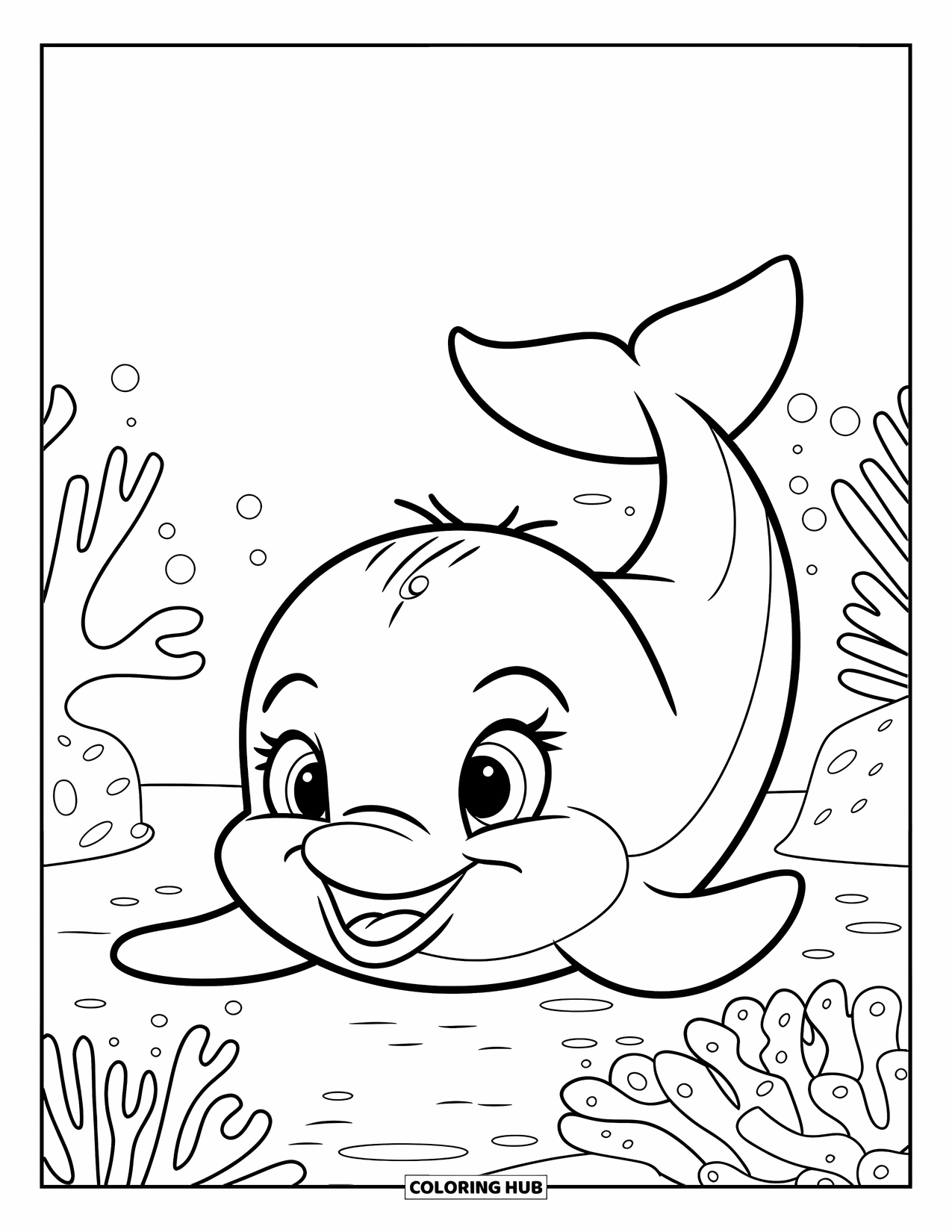 Baby Dolphin Coloring Page for Kids: A cheerful dolphin arches over a coral garden full of life