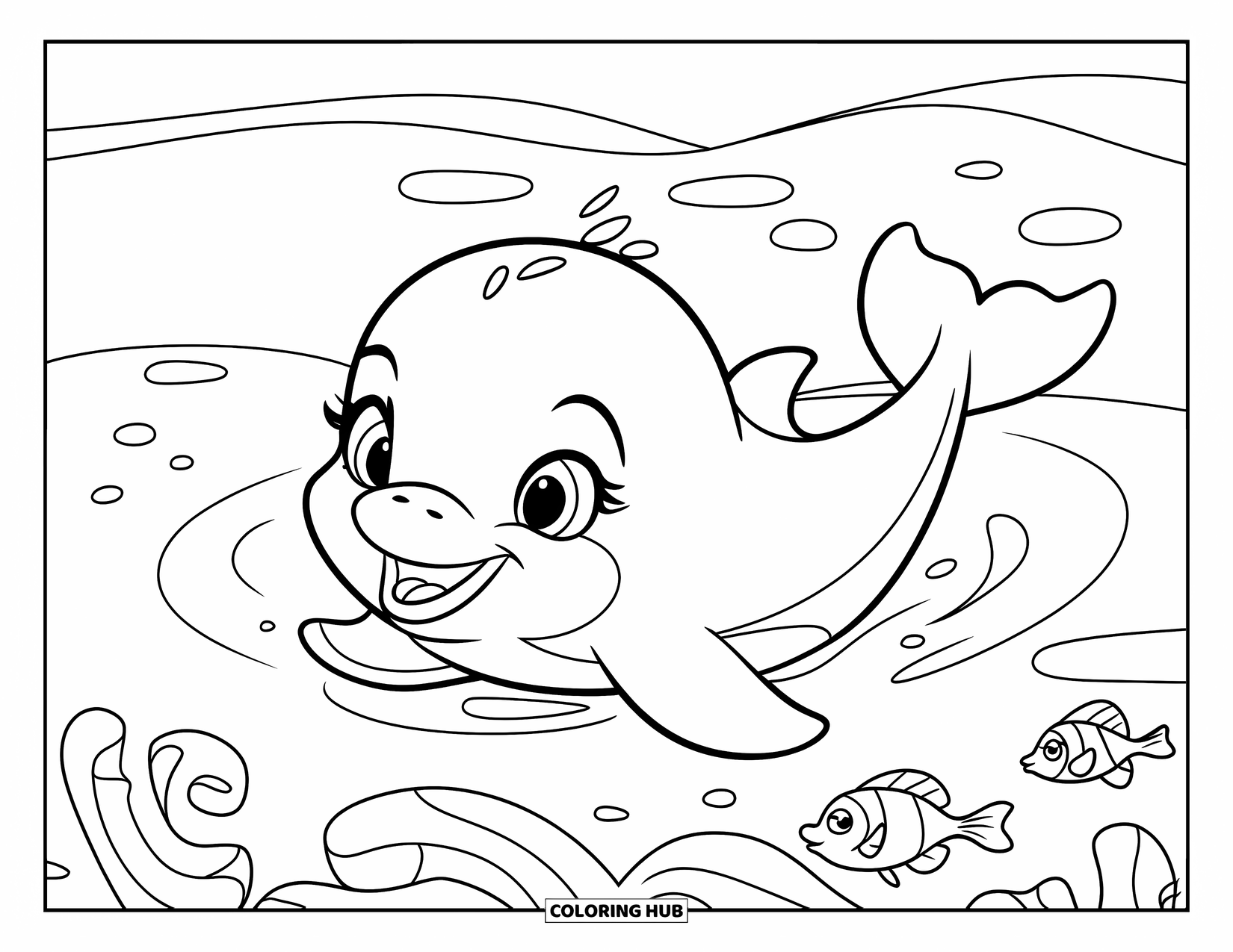 Baby Dolphin Coloring Page for Kids: A cheerful dolphin floats above curling seaweed and fish