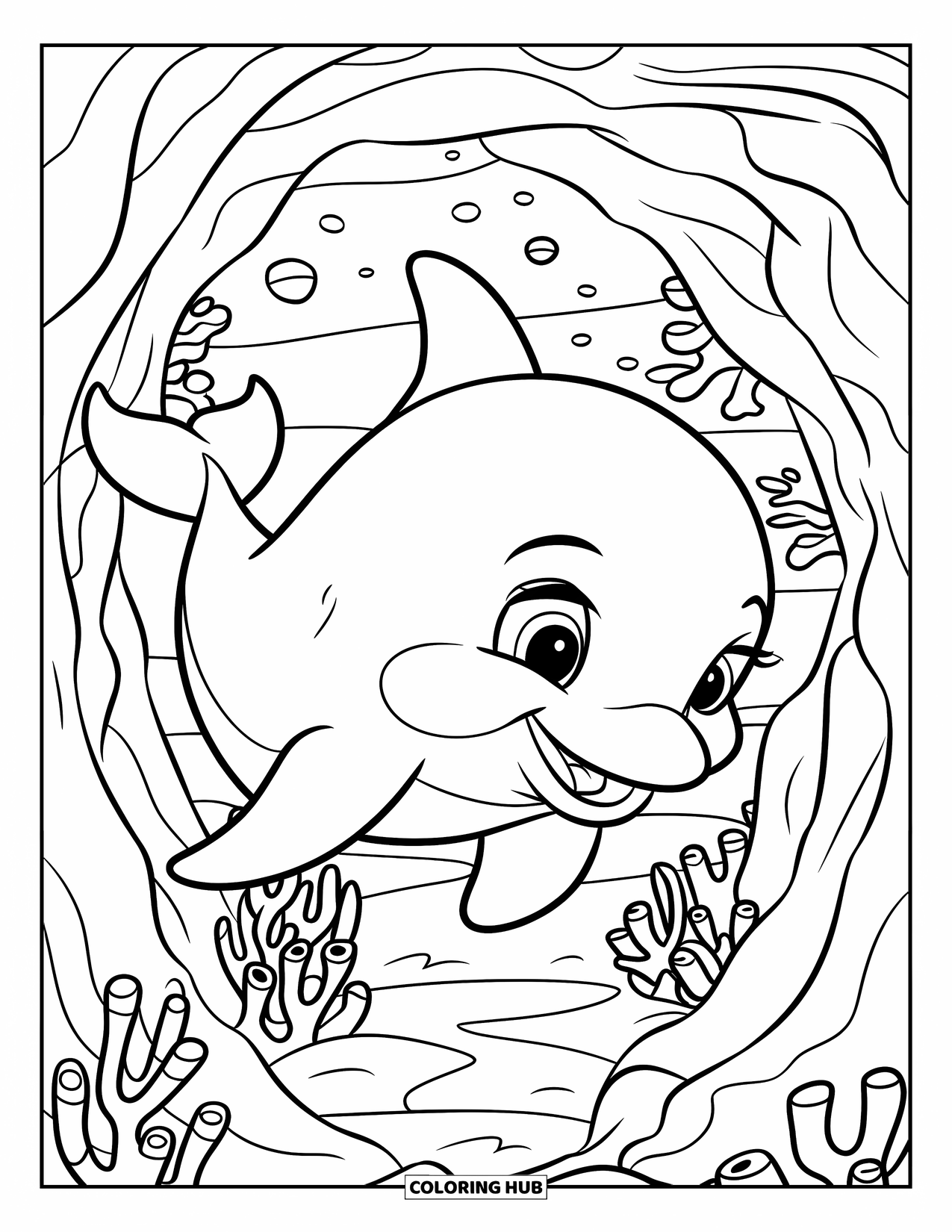 Baby Dolphin Coloring Page for Kids: A dolphin explores the curves of a beautiful coral canyon