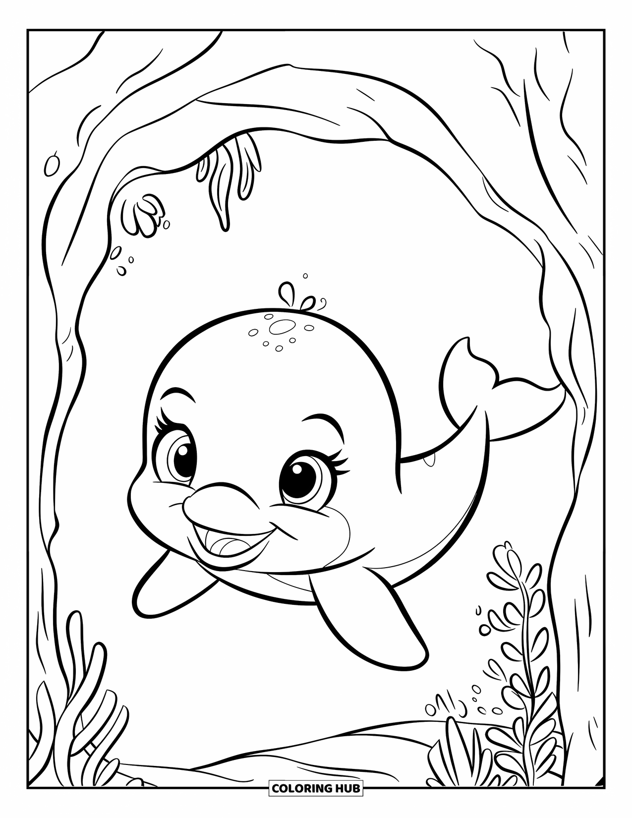 Baby Dolphin Coloring Page for Kids: A dolphin swims beside a sea cave with plants nearby