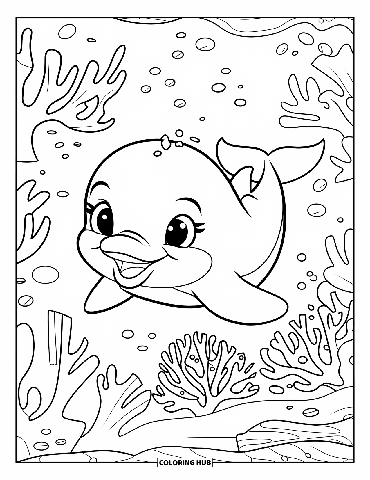 Baby Dolphin Coloring Page for Kids: A happy baby dolphin swims through a coral reef filled with seaweed