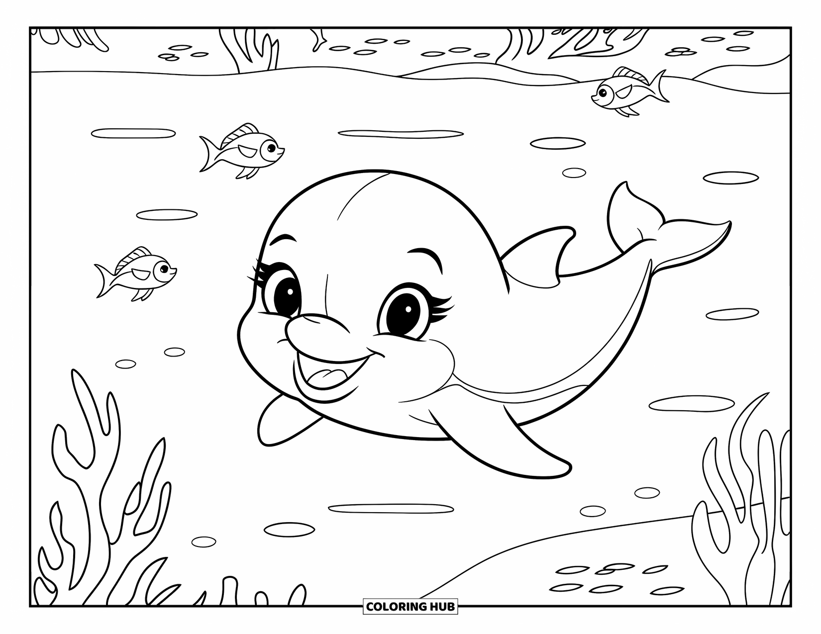 Baby Dolphin Coloring Page for Kids: A smiling dolphin floats with little fish and calm water below