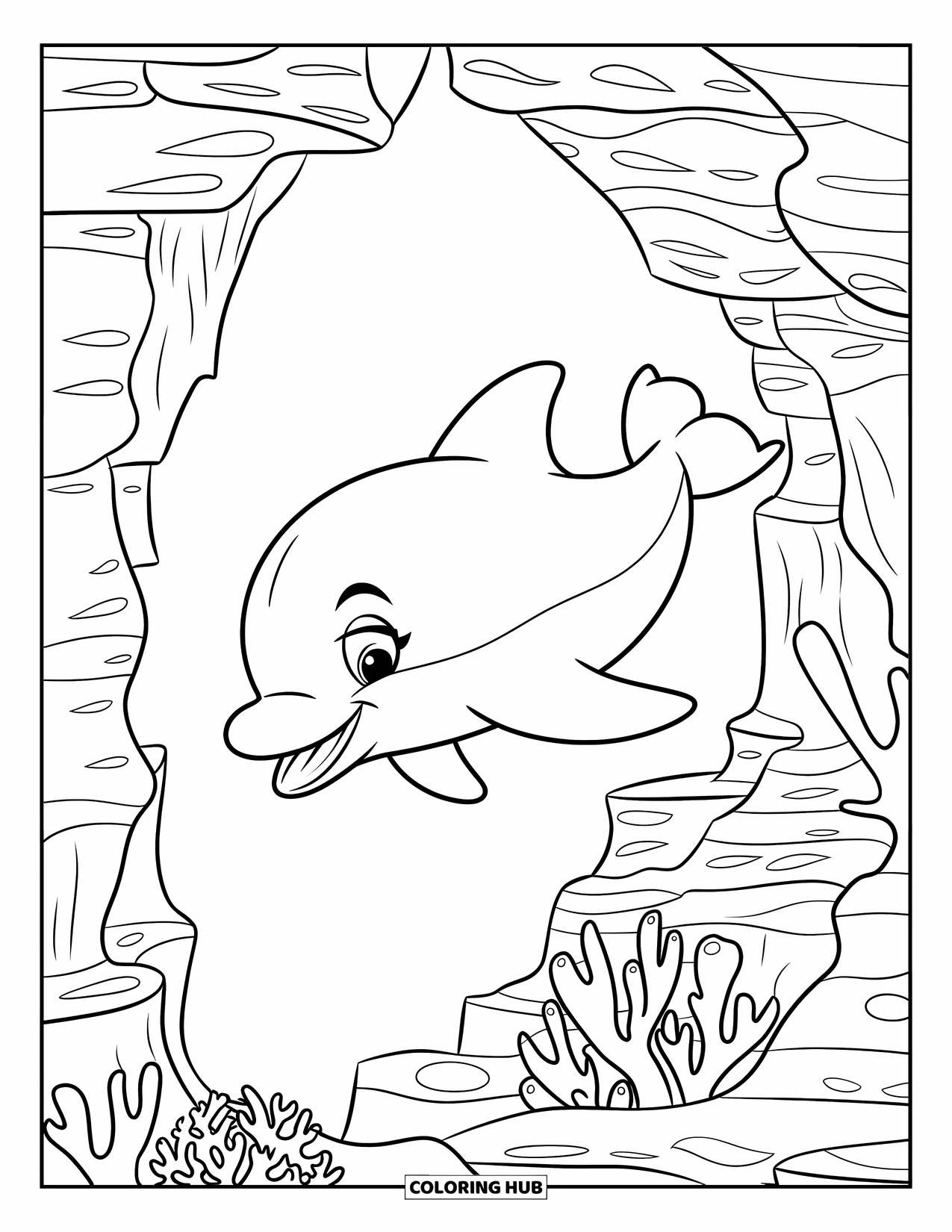 Baby Dolphin Coloring Page for Kids: The baby dolphin swims curiously through an underwater canyon