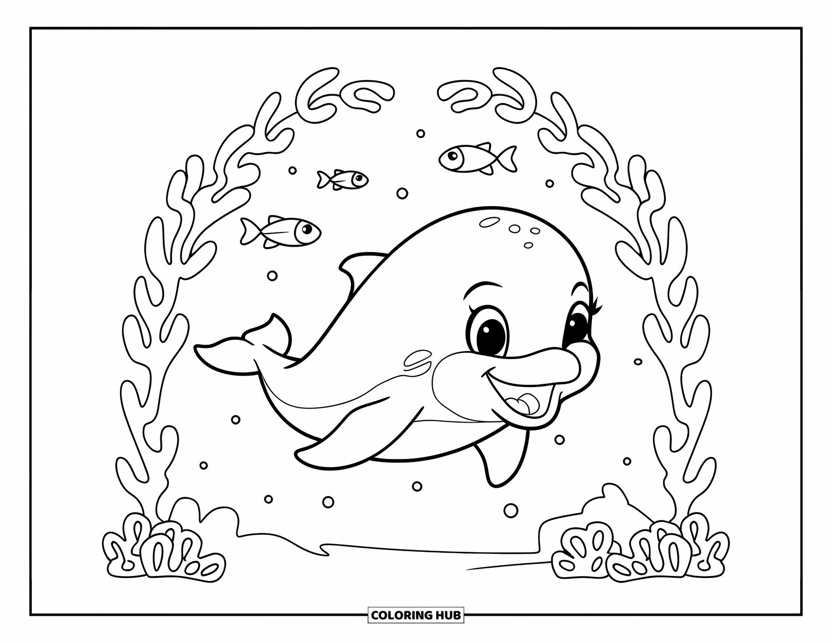 Baby Dolphin Coloring Page for Kids: The cheerful dolphin swims through coral with small fish nearby