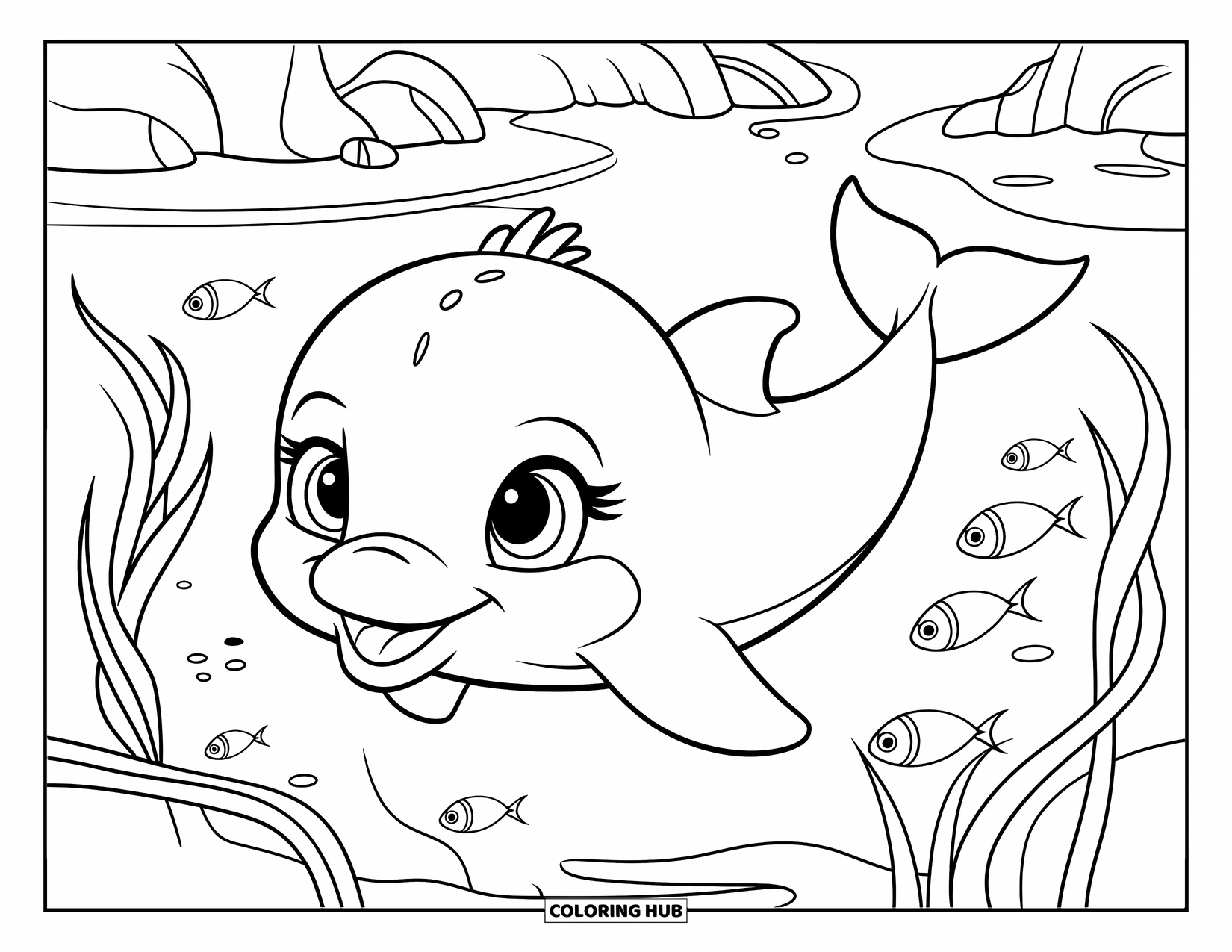 Baby Dolphin Coloring Page for Kids: The dolphin floats peacefully as seaweed and fish swirl below