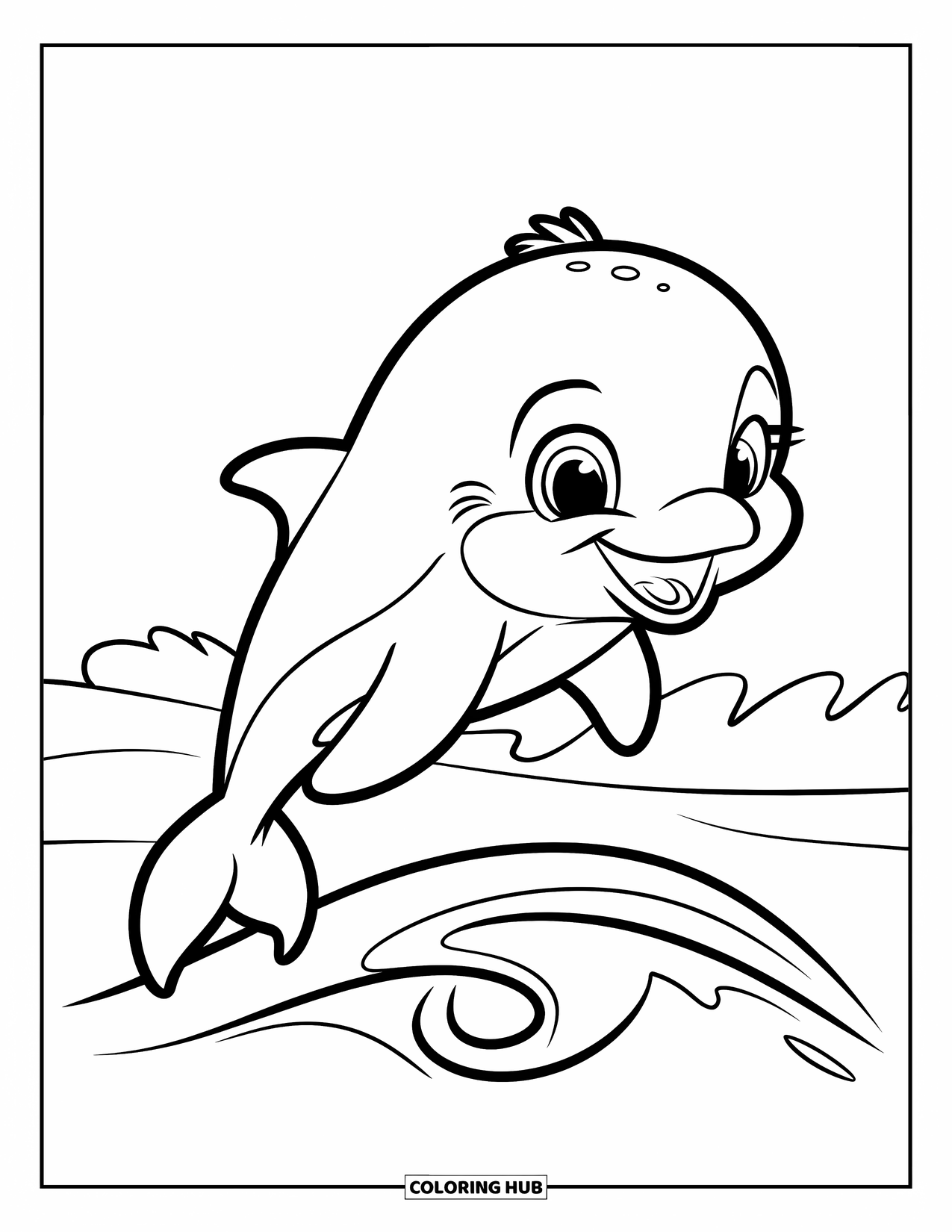 Baby Dolphin Coloring Page for Kids: The dolphin jumps happily with big eyes and a playful vibe