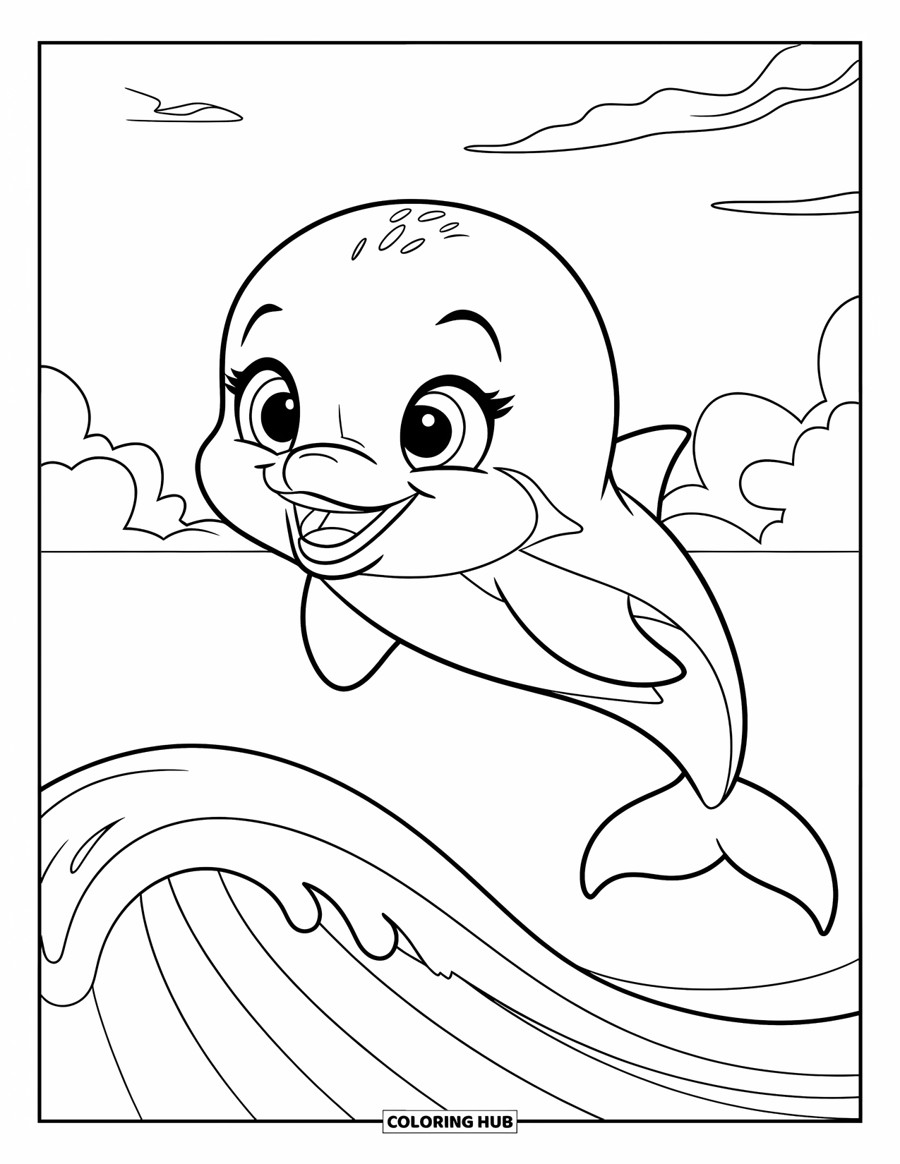 Baby Dolphin Coloring Page for Kids: The dolphin jumps high over a curved wave and fluffy clouds