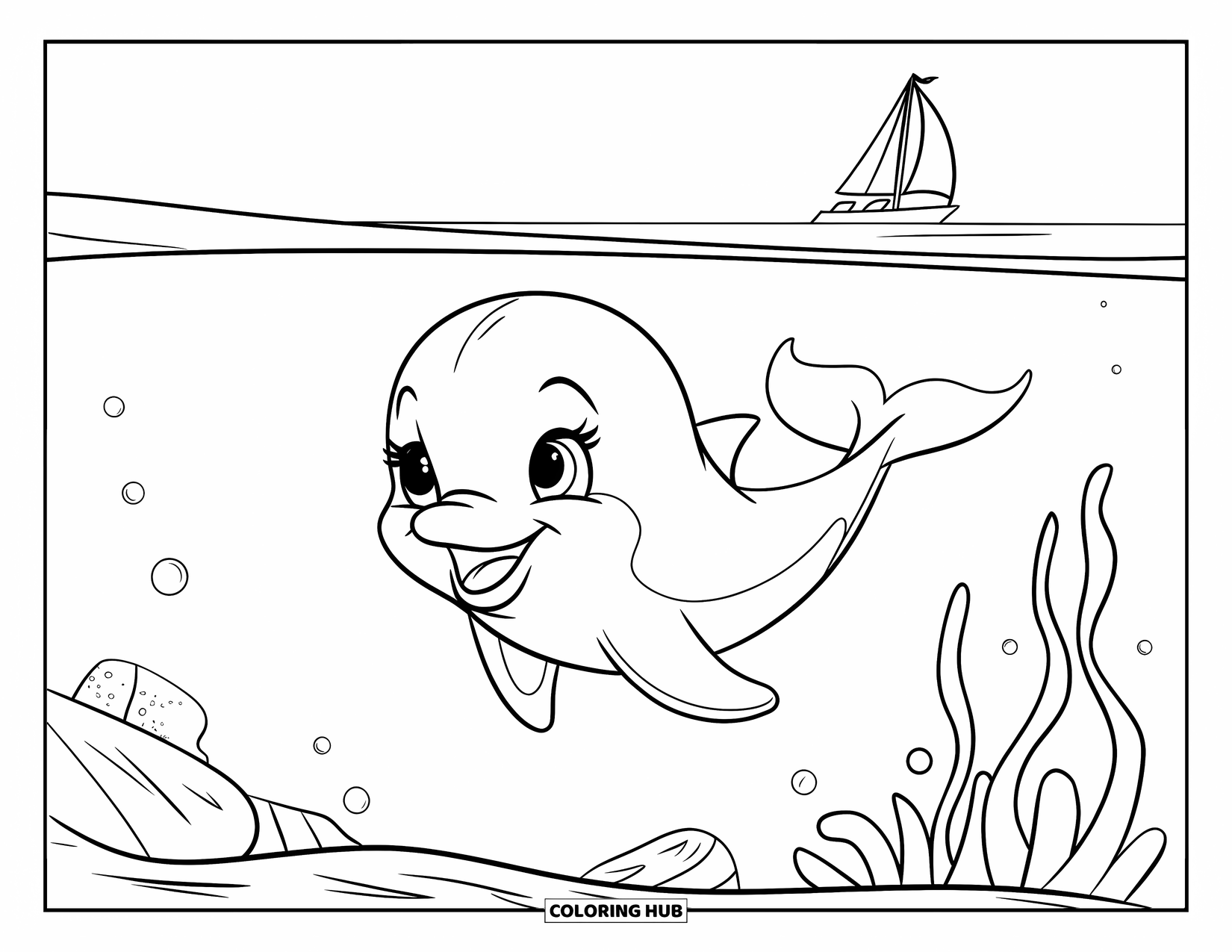 Baby Dolphin Coloring Page for Kids: The dolphin smiles as it swims beneath a sailboat on the ocean
