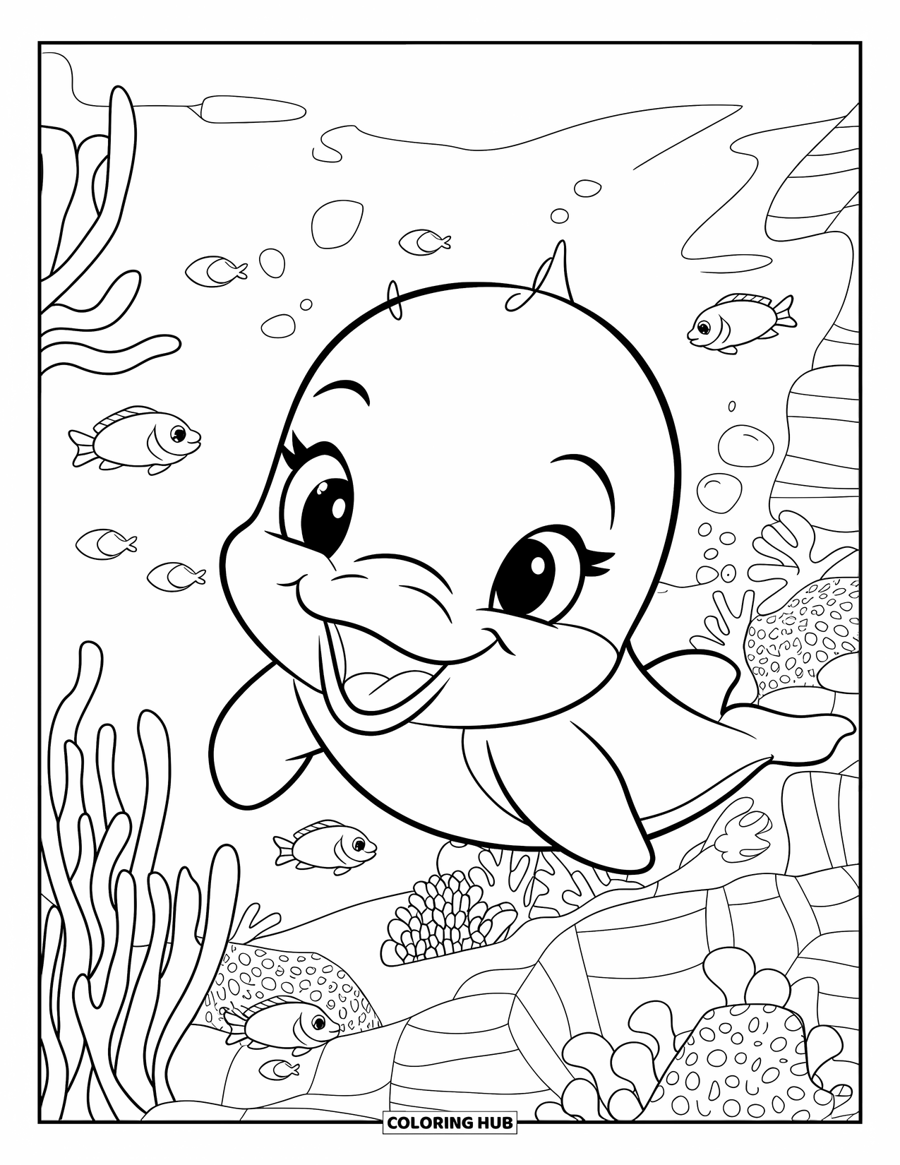 Baby Dolphin Coloring Page for Kids: The dolphin smiles as it swims past fish and starfish in a reef