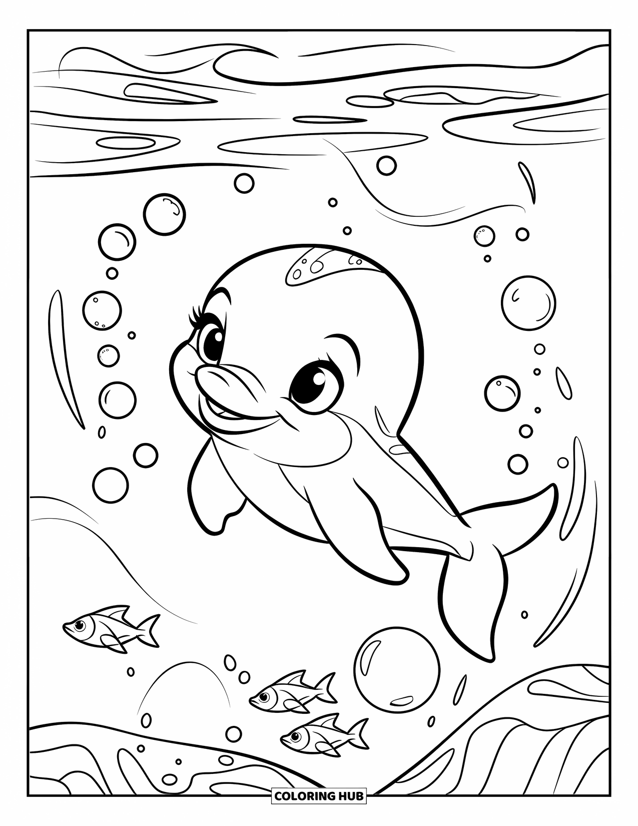 Baby Dolphin Coloring Page for Kids: The dolphin swims and blows bubbles with fish nearby