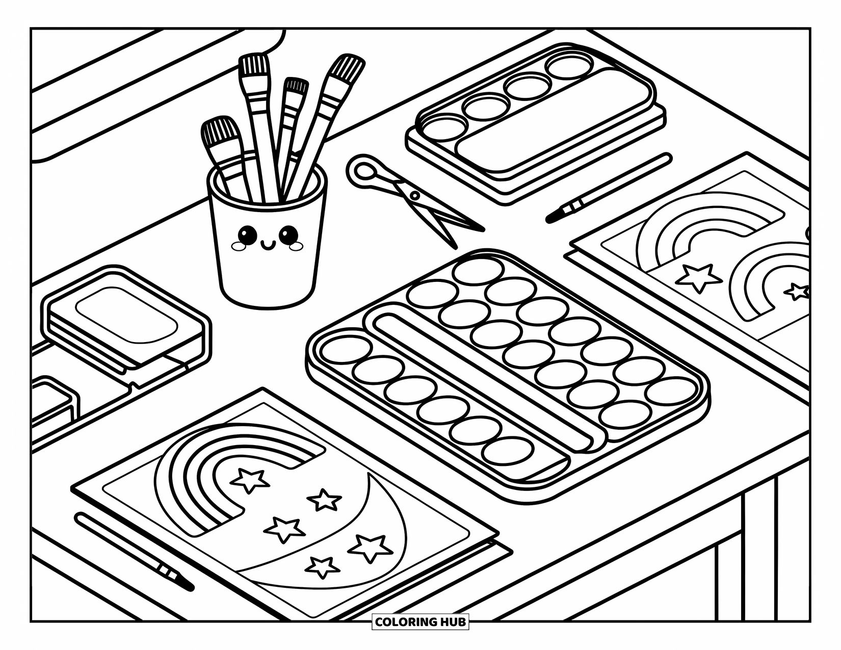 Back To School Coloring Page for Adults: Art class table with supplies, rainbow papers, and scissors