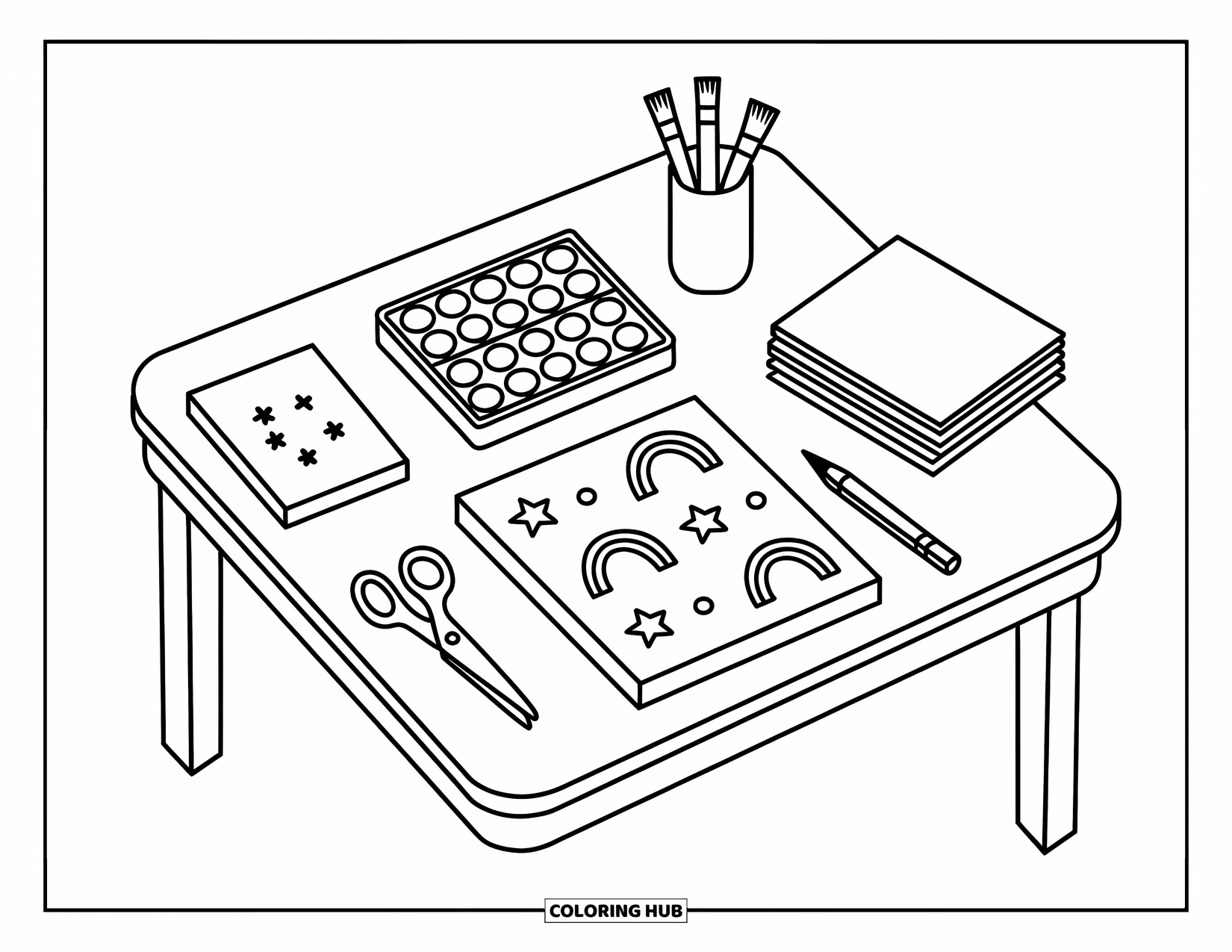 Back To School Coloring Page for Adults: Art table with brushes, scissors, and doodle-covered papers