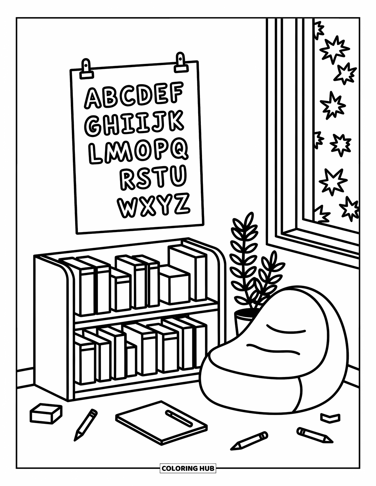 Back To School Coloring Page for Adults: Beanbag and bookshelf tucked in a warm classroom nook