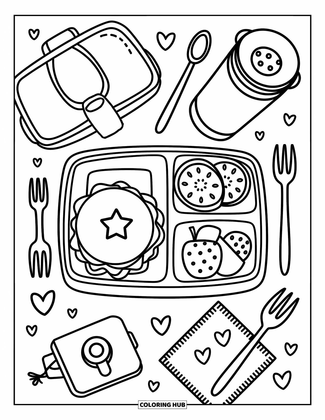 Back To School Coloring Page for Adults: Bento tray with sandwich, fruit, thermos, and a heart napkin