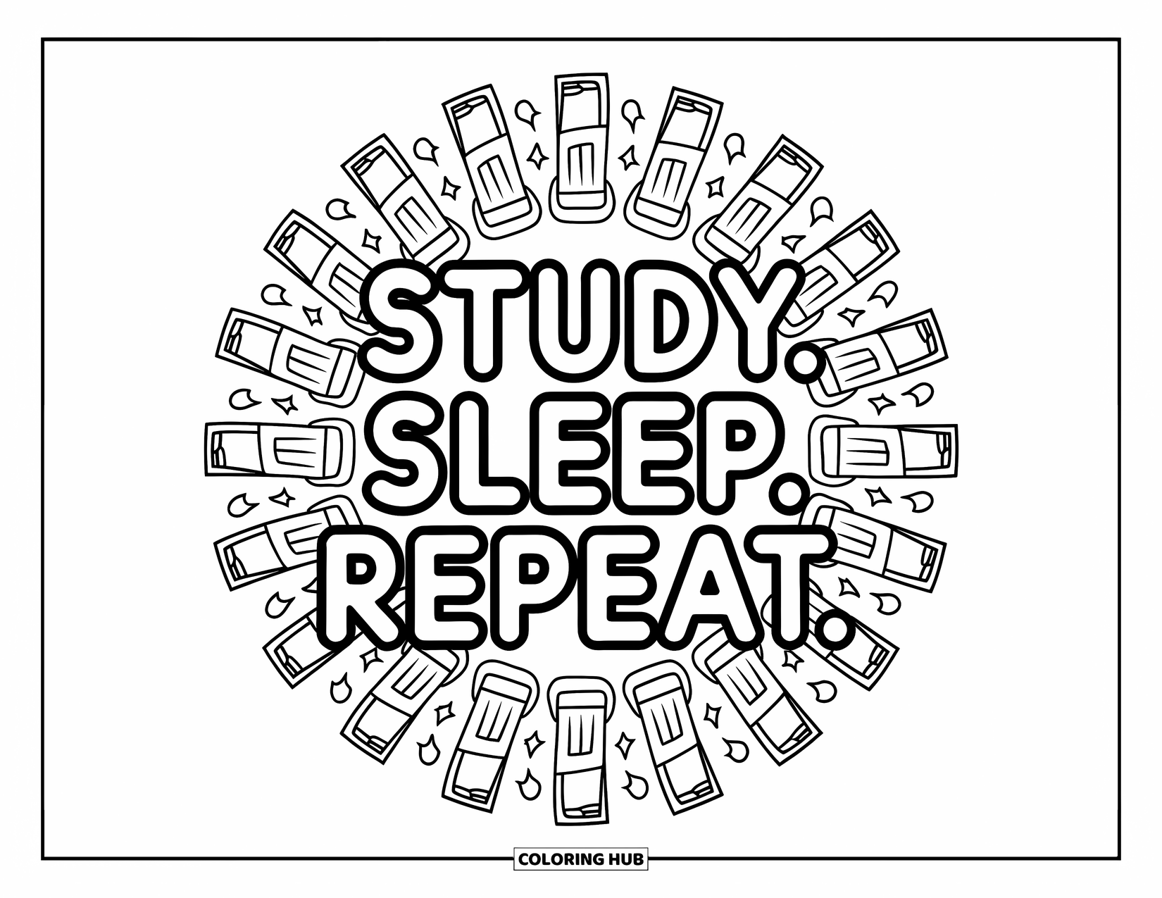 Back To School Coloring Page for Adults: Bold "Study. Sleep. Repeat." surrounded by a cozy mandala of study icons